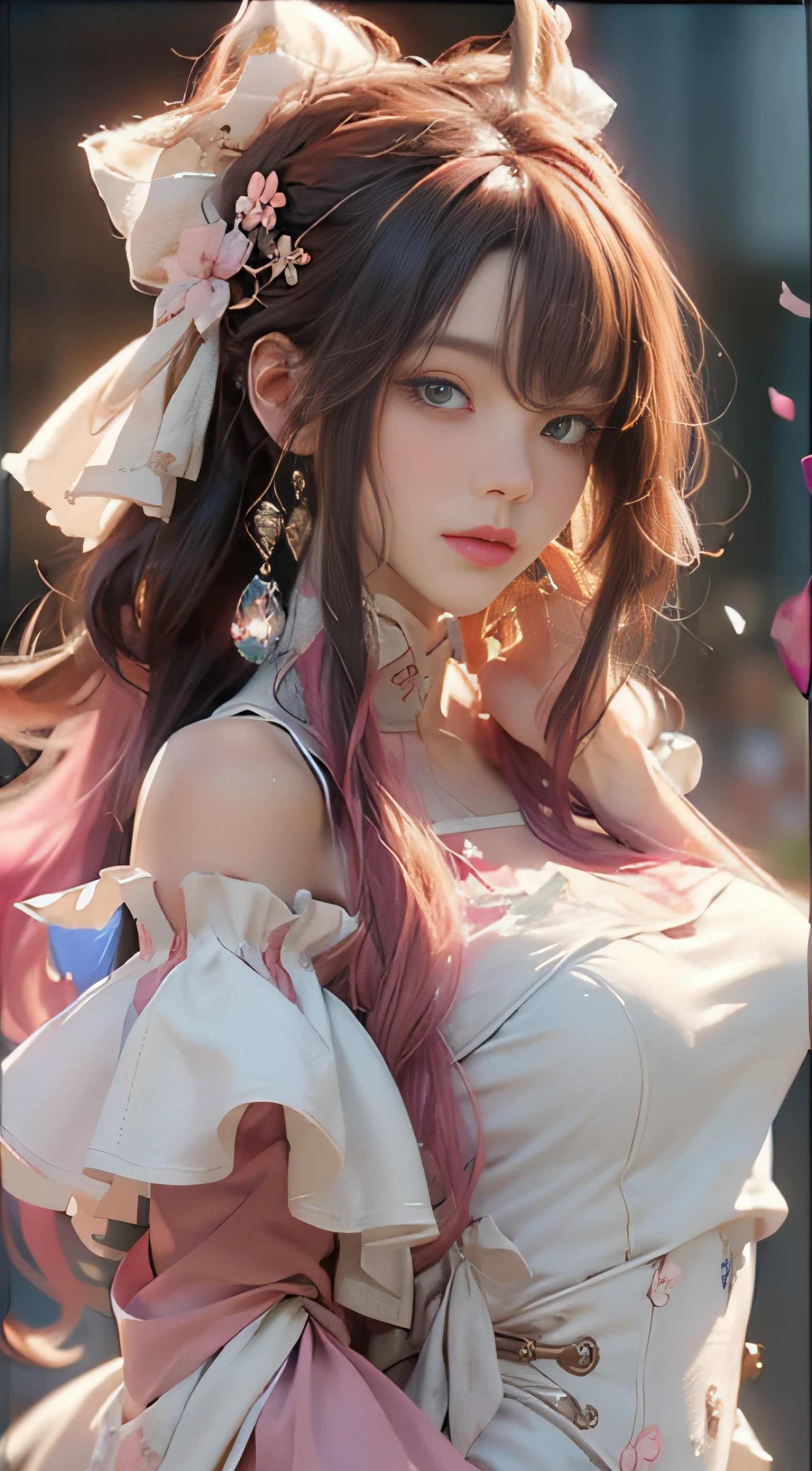 ((best qualtiy)), ((tmasterpiece)), (Detail:1.4), 3D, Beautiful cyberpunk female images,hdr(HighDynamicRange),Ray traching,NVIDIA RTX,Hyper-Resolution,illusory 5,sub surface scattering,PBR textures,post-proces,Anisotropy Filtering,depth of fields,maximum definition and sharpness,Many-Layer Textures,Albedo e mapas Speculares,Surface Coloring,Mitsu-Accurate simulation of material interactions,perfectly proportioned,rendering by octane,Two-colored light,largeaperture,Low ISO,White balance,Rule three points、8K raw data、beautiful bright pupils,off-the-shoulder clothes,Fine pupils,Delicate face and eyes,long eyelasher,Blushlush,Delicate and fluffy hair,pink lip,Pure,cute big breasts,Sweet girl,Artistic sense,Casual wear,Advancedsense,butterflys,Cherry blossom petal,Beautiful hair accessories,Long hair and waist,Hair fluttering in the wind