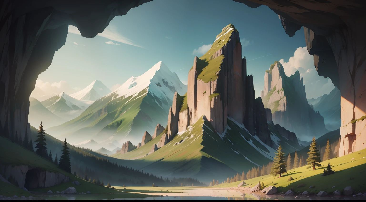 big mountain with green landscape and a cave