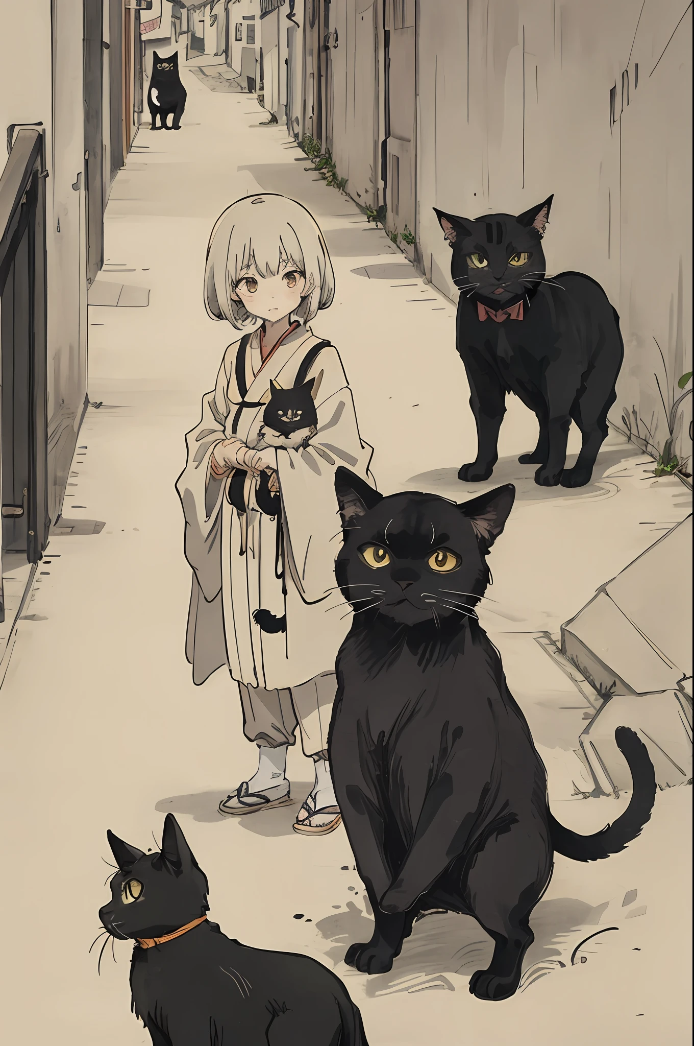 black cats,In the alley,Quietly watching you,Hayao Miyazaki anime style,Orange
