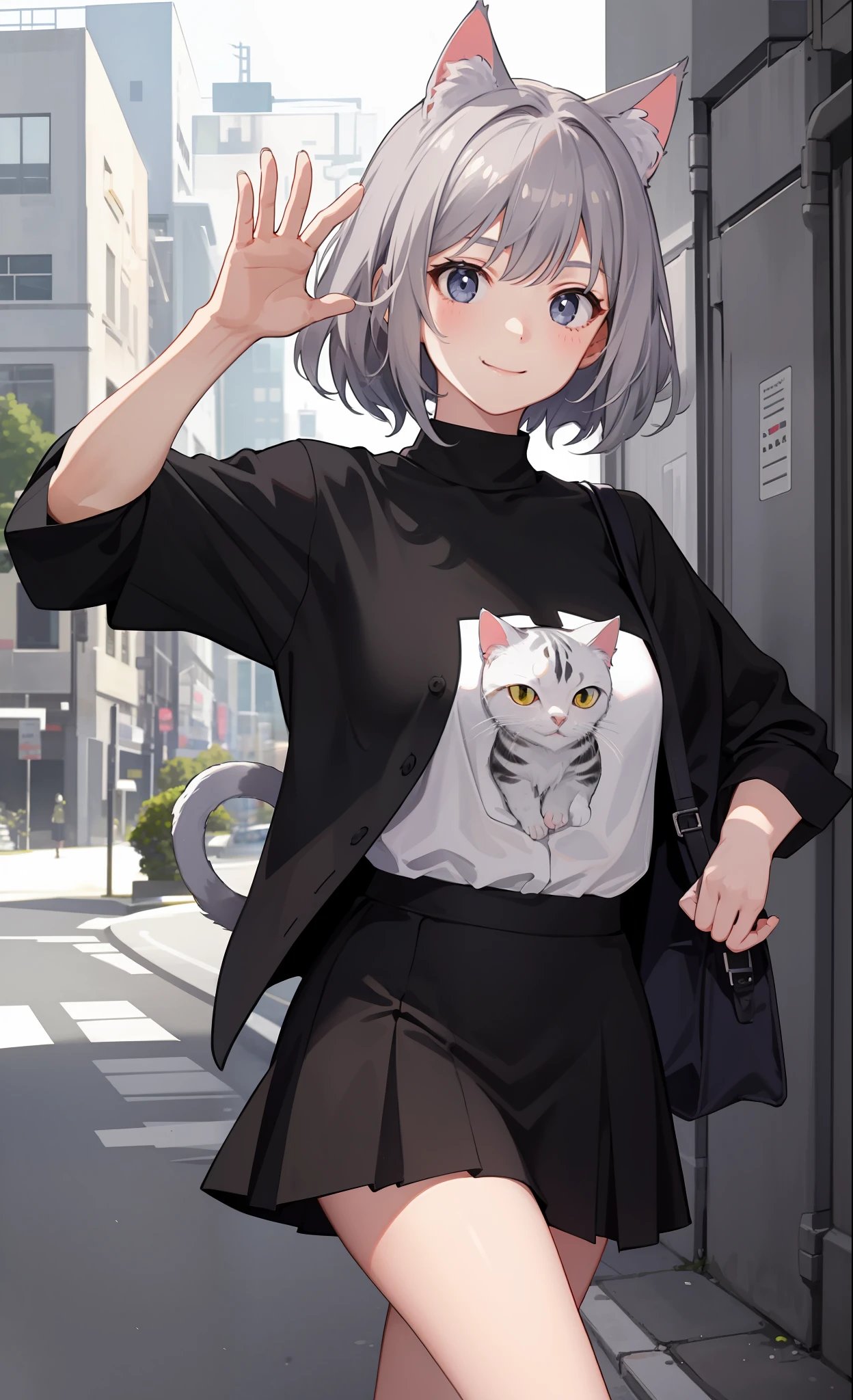 1girl in、A smile、The shirt、Blouse、skirt by the、（small tits）Chilarism、movement、（Gray hair）、Cat's ears、