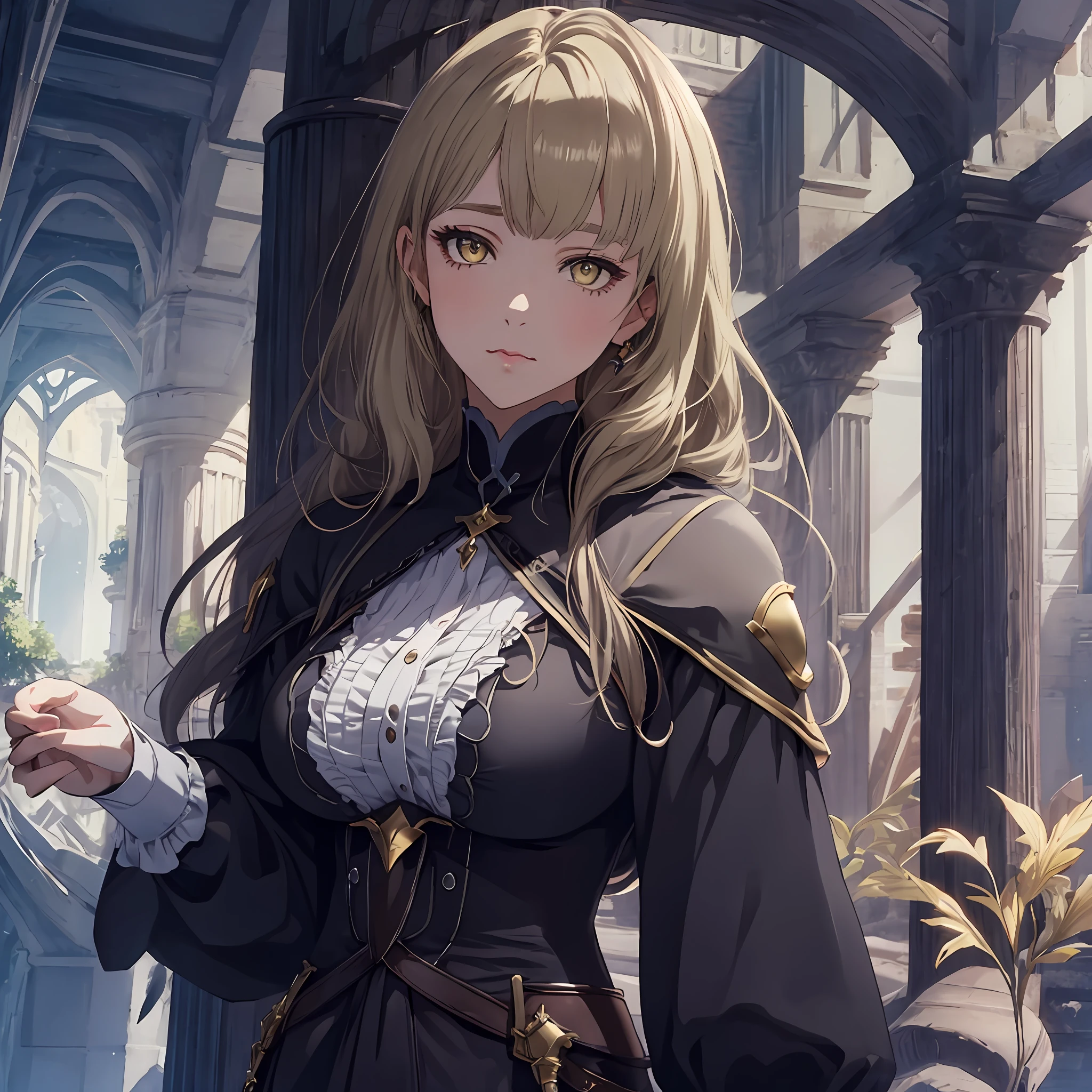 masterpiece, best quality, 1woman, adult, female focus, solo, blonde hair, vibrant yellow eyes, looking at viewer, closed mouth, bangs, Fantasy aesthetics, Highly detailed, shadowverse style, big breast, thick