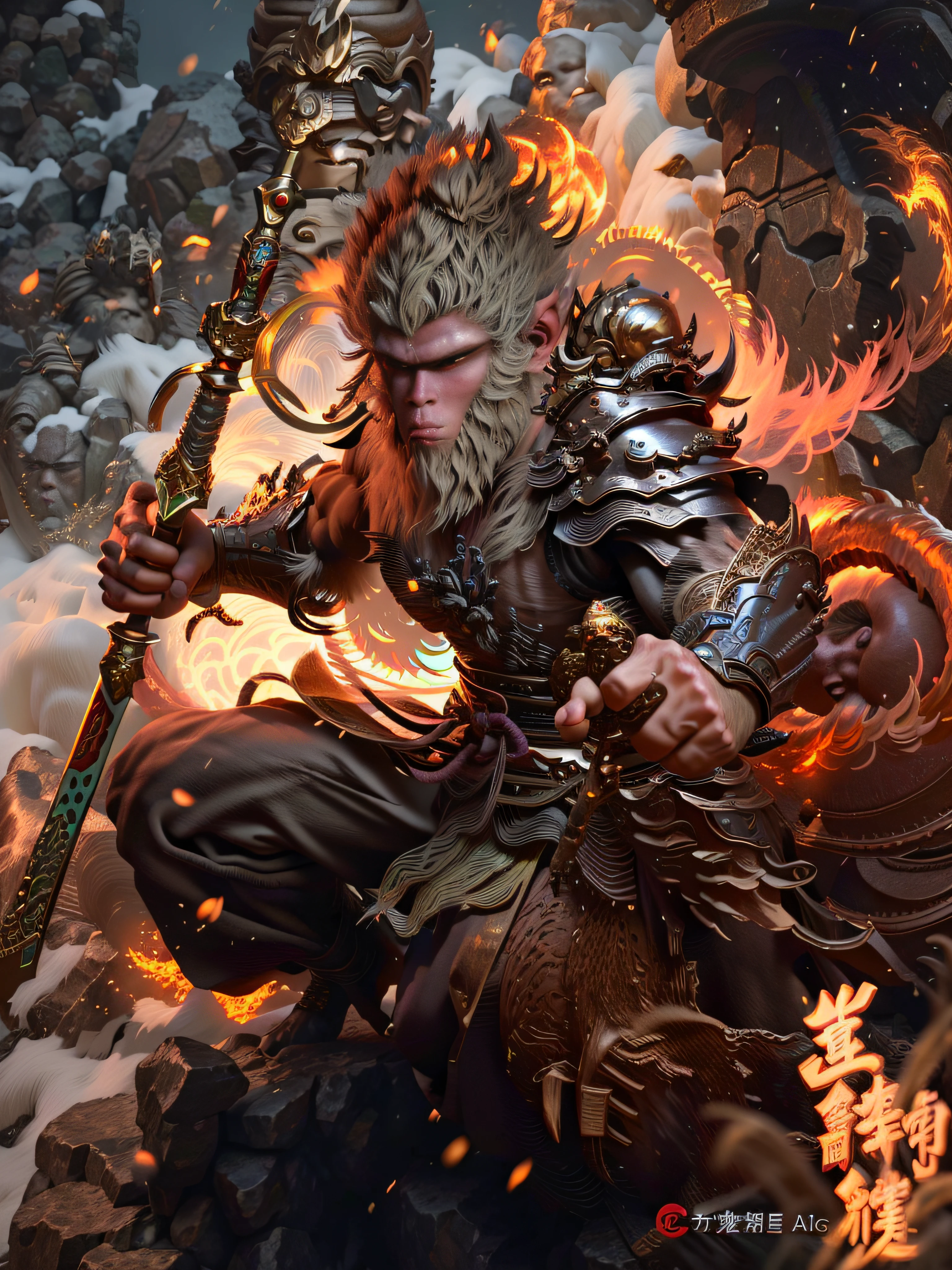 Anthropomorphic male monkey man with golden hoop stick in his hand, Sun Wukong, Wukong, fighting Buddha, normal hands, flame clouds under his feet, fire eyes golden eyes bright and brave, very beautiful anthropomorphic monkey, Guan Yu, inspired by Huang Shen, inspired by Hu Zaobin, inspired by Yang Jin, legendary god holding a spear, by Yang J, Bian Lian, Sun Wukong, inspired by Li Kan, Cheng Wei Pan on Artstation