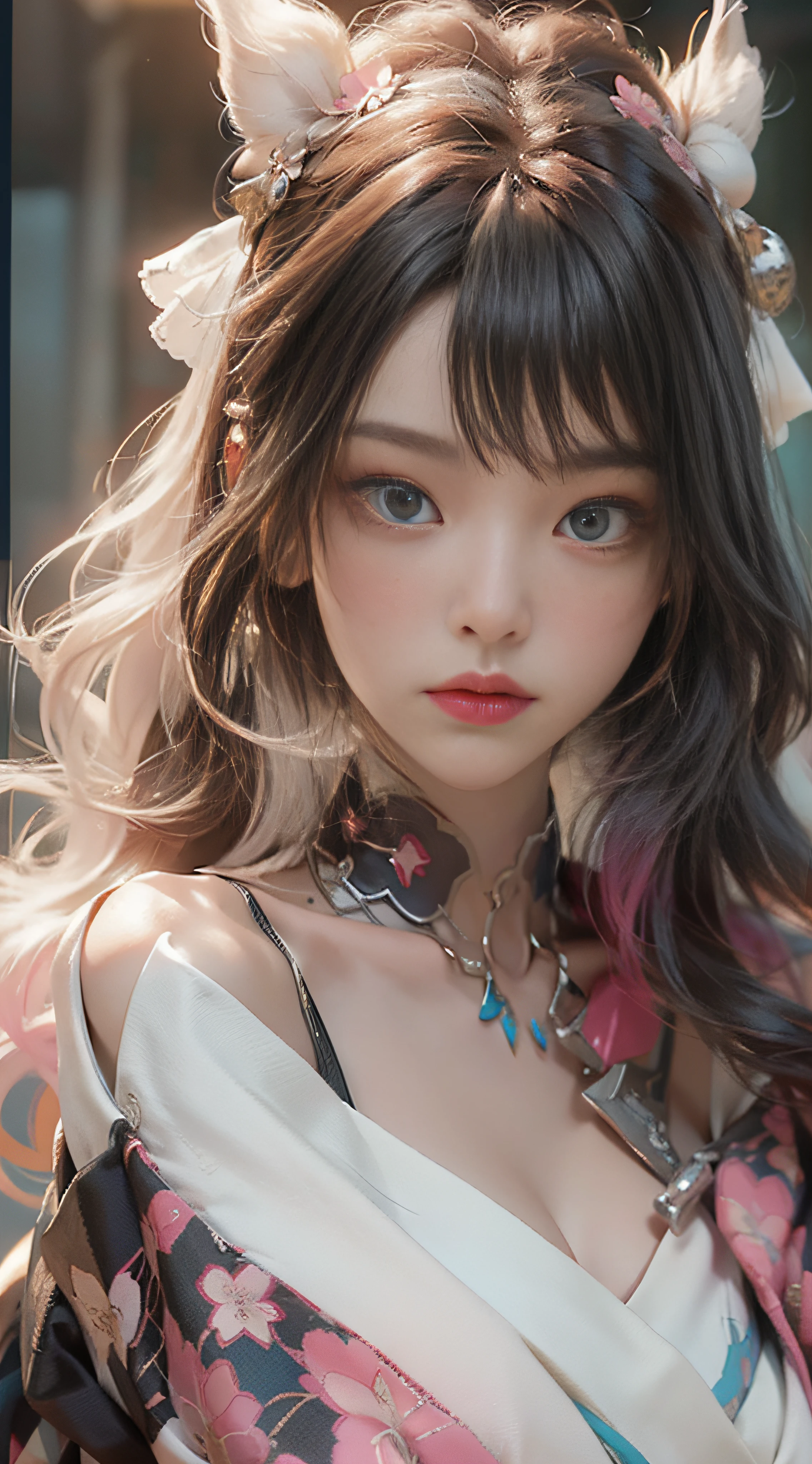 ((best qualtiy)), ((tmasterpiece)), (Detail:1.4), 3D, Beautiful cyberpunk female images,hdr(HighDynamicRange),Ray traching,NVIDIA RTX,Hyper-Resolution,illusory 5,sub surface scattering,PBR textures,post-proces,Anisotropy Filtering,depth of fields,maximum definition and sharpness,Many-Layer Textures,Albedo e mapas Speculares,Surface Coloring,Mitsu-Accurate simulation of material interactions,perfectly proportioned,rendering by octane,Two-colored light,largeaperture,Low ISO,White balance,Rule three points、8K raw data、beautiful bright pupils,off-the-shoulder clothes,Fine pupils,Delicate face and eyes,long eyelasher,Blushlush,Delicate and fluffy hair,pink lip,Pure,cute big breasts,Sweet girl,Artistic sense,Casual wear,Advancedsense,butterflys,Cherry blossom petal,Beautiful hair accessories,Long hair and waist,Hair fluttering in the wind