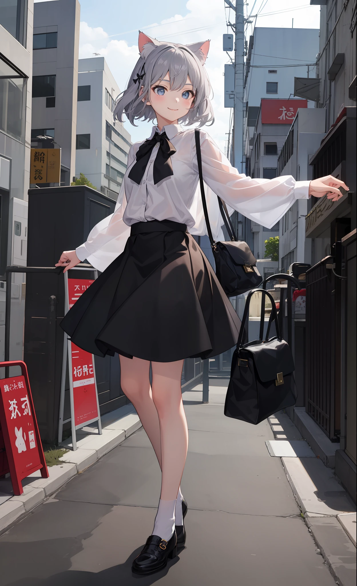 1girl in、A smile、The shirt、Blouse、skirt by the、(small tits)Chilarism、movement、(Gray hair)、Cat's ears、