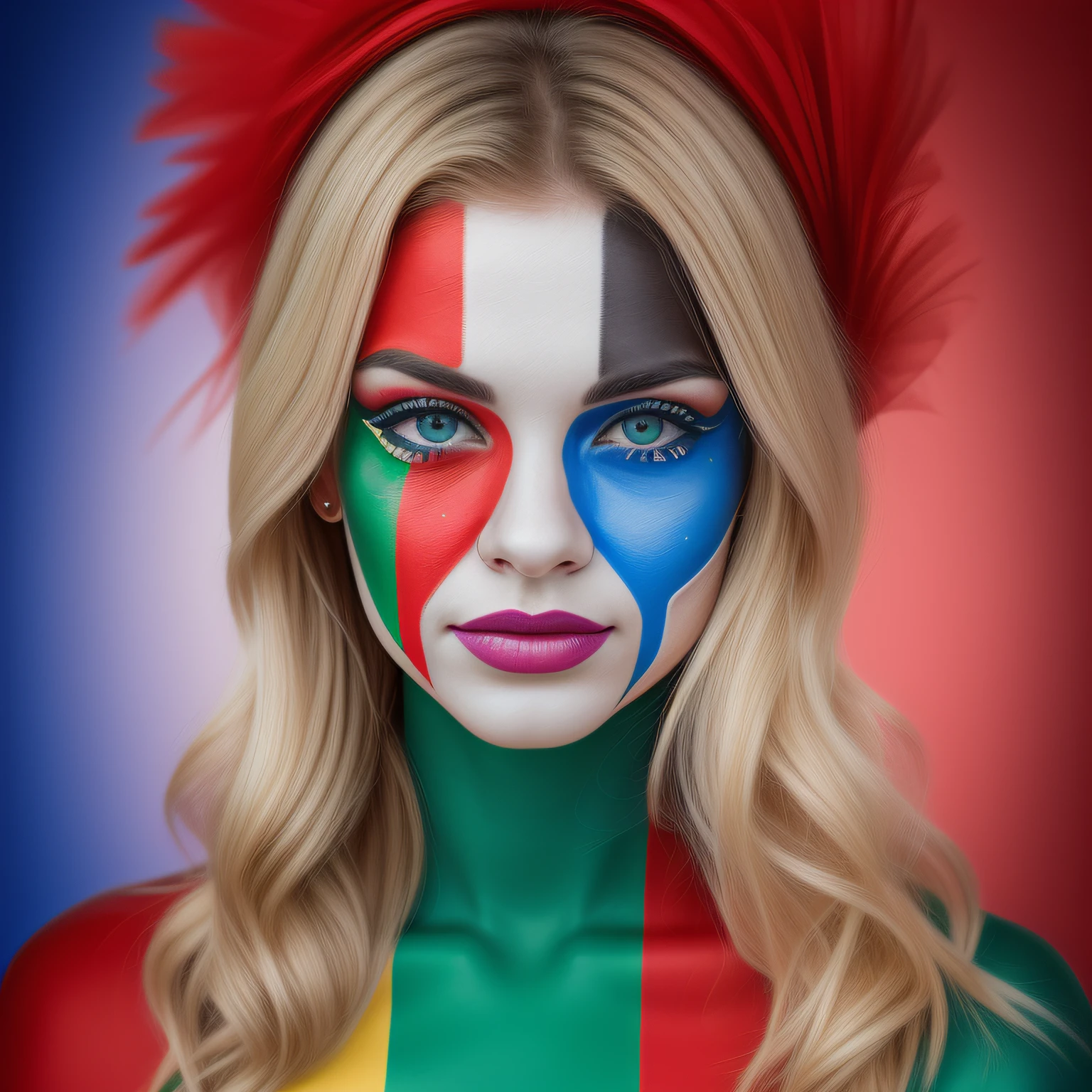 photographic portrait of a woman with face painted with the colors of the Italian flag, ((fanatic supporter of Italy)), very expressive face, drawn with photoshop, digital art!, ((highly detailed digital art: 1.3)), vivid colors Italian flag,, (saturation: 1.5), Fujifilm X-T5