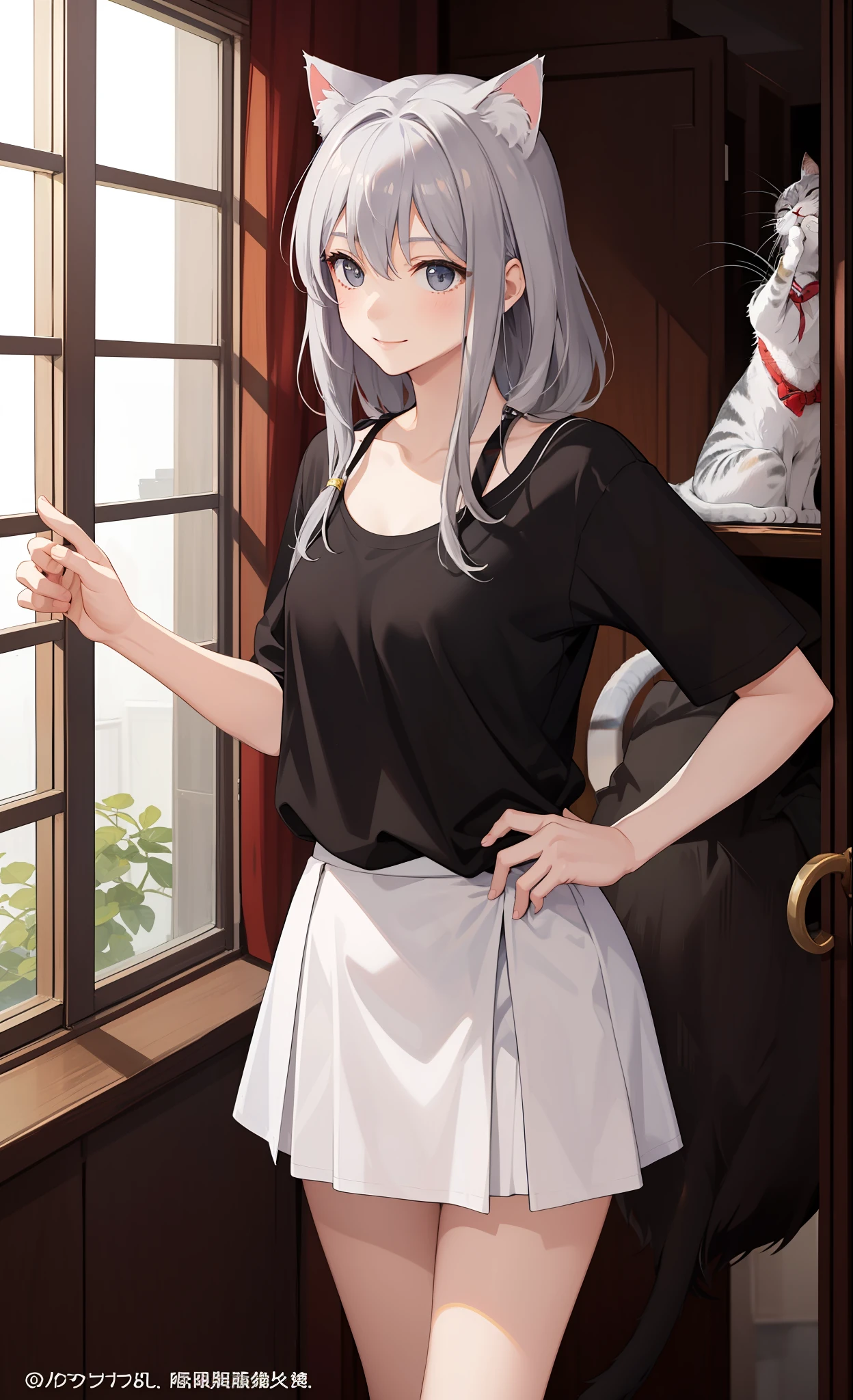1girl in、A smile、The shirt、Blouse、skirt by the、(small tits)Chilarism、movement、(Gray hair)、Cat's ears、
