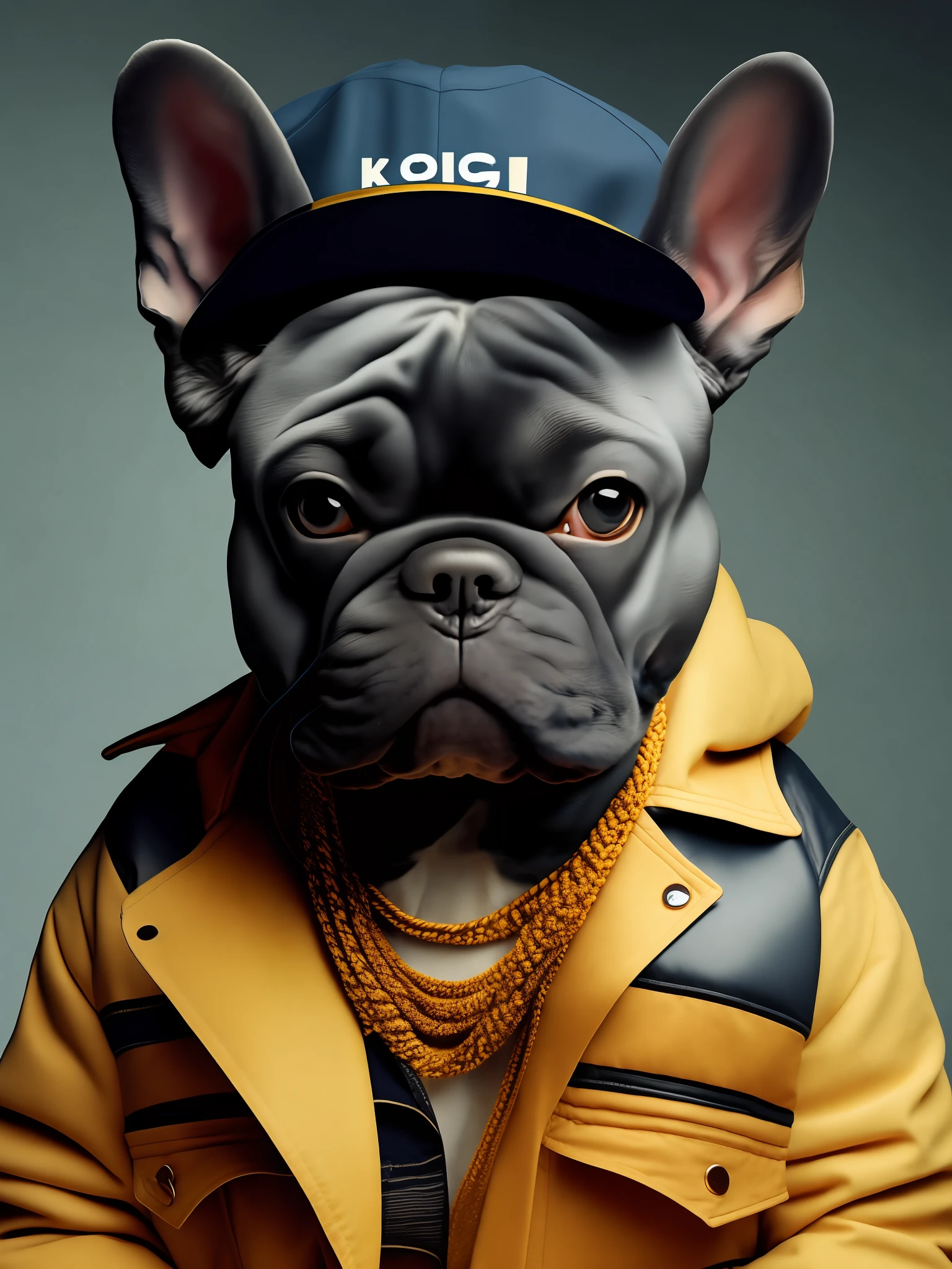 A French bulldog wearing a jacket and hat,cowboy hat,