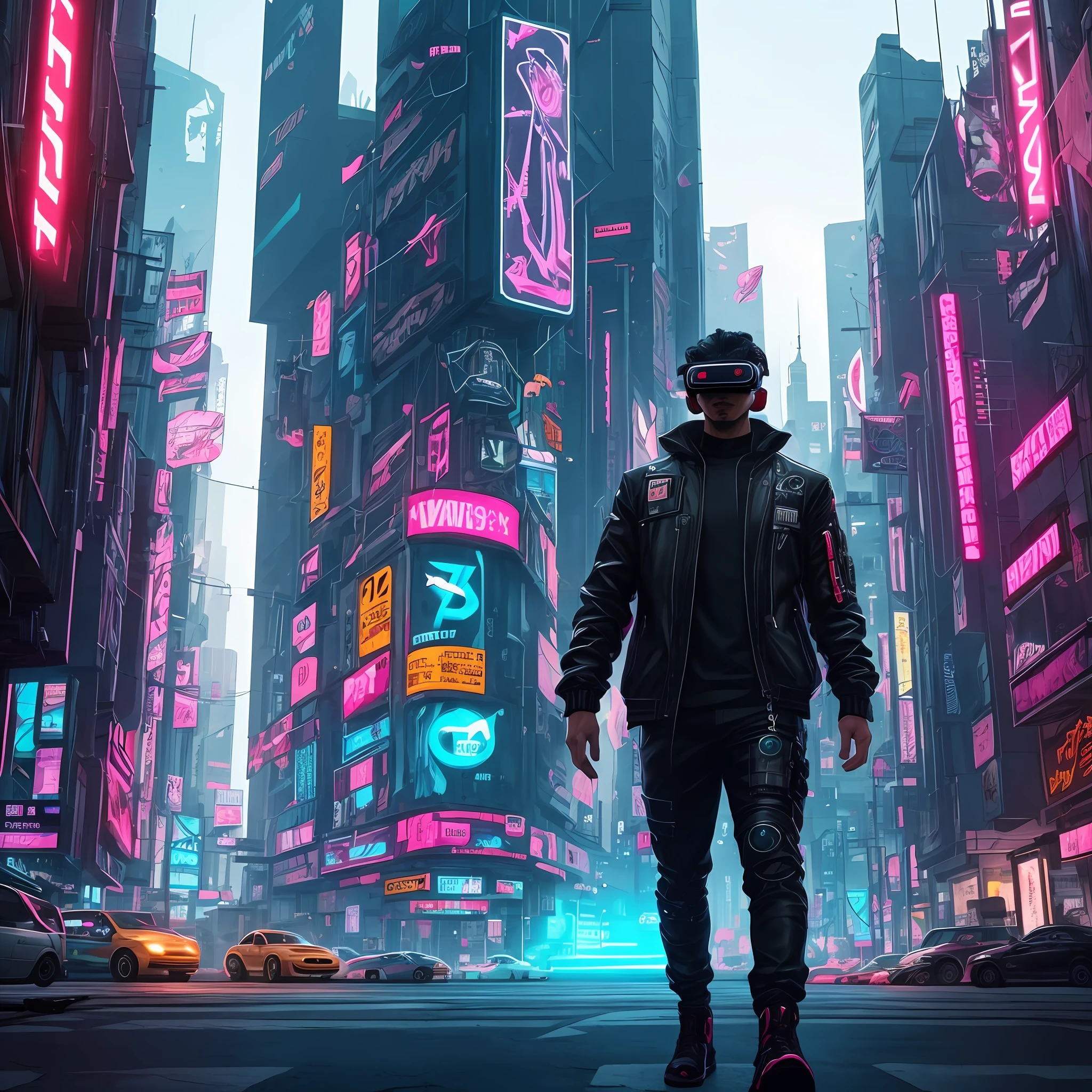 a man in a black jacket and glasses stands in front of a futuristic city, vr game, cyberpunk vibe, cyberpunk vibes, deeper into the metaverse we go, has cyberpunk style, cyberpunk theme, in cyber punk 2077, cyberpunk futuristic, cyberpunk future, synthwave, wearing cyberpunk streetwear, futuristic cyberpunk, cyberpunk tech, retro cyberpunk, synthwave style --auto