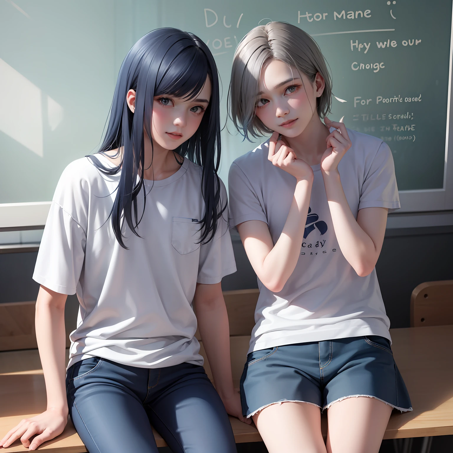 Two 15-year-old teenage friends with blue hair, With Latin skin and light gray hair at school they are talking about an important topic they are friends almost like brothers.....