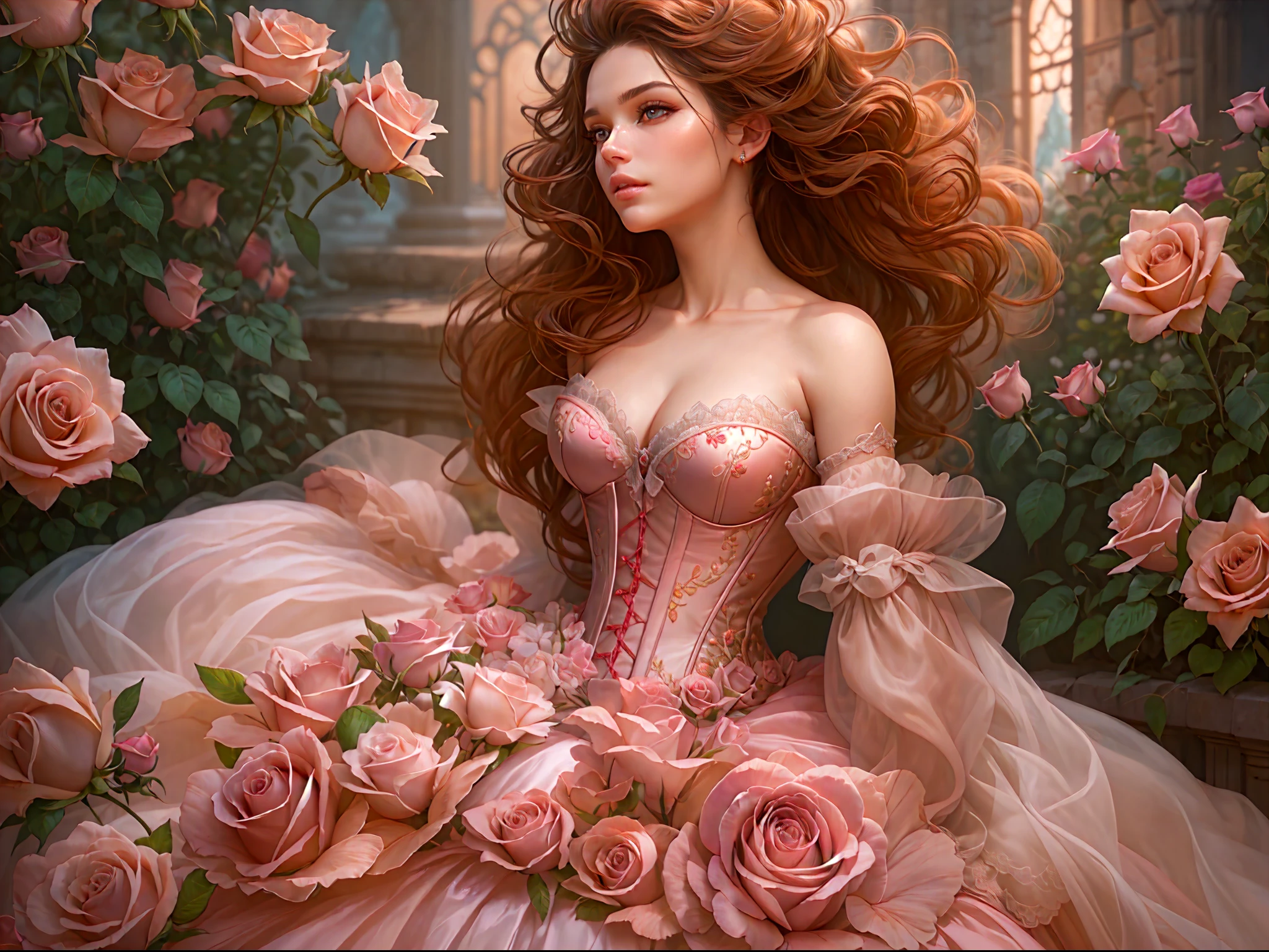 This is realistic fantasy artwork set in the castle's enchanted rose garden. Generate a proud woman with a highly detailed face dressed in the billowing folds of a stunning French silk ballgown. The woman's sweet face is ((((highly detailed, with realistic features and soft, puffy lips.))))  The ballgown is embellished with ruffles, sashes, and bows and a delicately, but intricately, hand-embroidered bodice. The corset features silk ribbon. The woman's stunning eyes are beautifully detailed, featuring realistic shading and multiple colors and high resolution. The woman is in a garden of eternal roses, each one beautifully formed and highly detailed. These realistic roses feature shimmering shades of pink, yellow, orange, and glimmering red. The eternal rose is a deep shade of red with shimmering pink overtones and undertones. Ensure that the woman's face, hair, and eyes are perfect. realism, high fantasy, whimsical fantasy, storybook fantasy, fairytale fantasy, fantasy details, enchanting, bewitching, 8k, hires, cgi, digital painting, unity, unreal engine, (((masterpiece))), intricate, elegant, highly detailed, majestic, digital photography, art by artgerm and ruan jia and greg rutkowski, (masterpiece, finely detailed beautiful eyes: 1.2), hdr, realistic skin texture, (((1woman))), (((solo))), Include a highly detailed face, extremely detailed face, and interesting background.