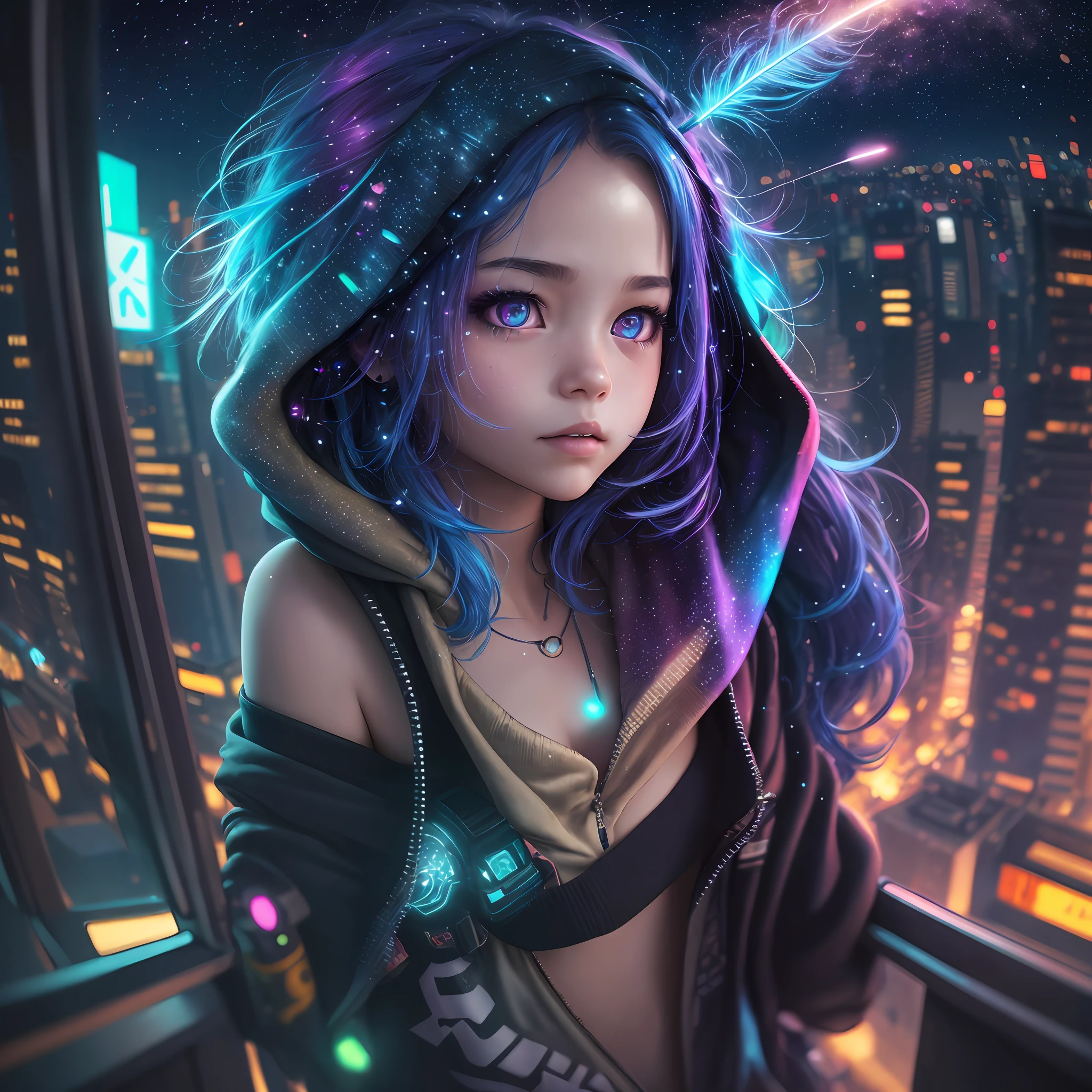 (Masterpiece), Best Quality, Ultra High Resolution, Little Girl, Cyberpunk 1girl Flying over Stunning Cityscape, Hoodie, Blue Hair, Neon Shooting Star, Very Long Hair, Off-the-Shoulders, Feather Hair Ornaments, Neon Color, Glitter, Stunning Night Sky, Cinematic Lighting, Realistic, Realistic Skins, HDR, Fisheye --auto --s2