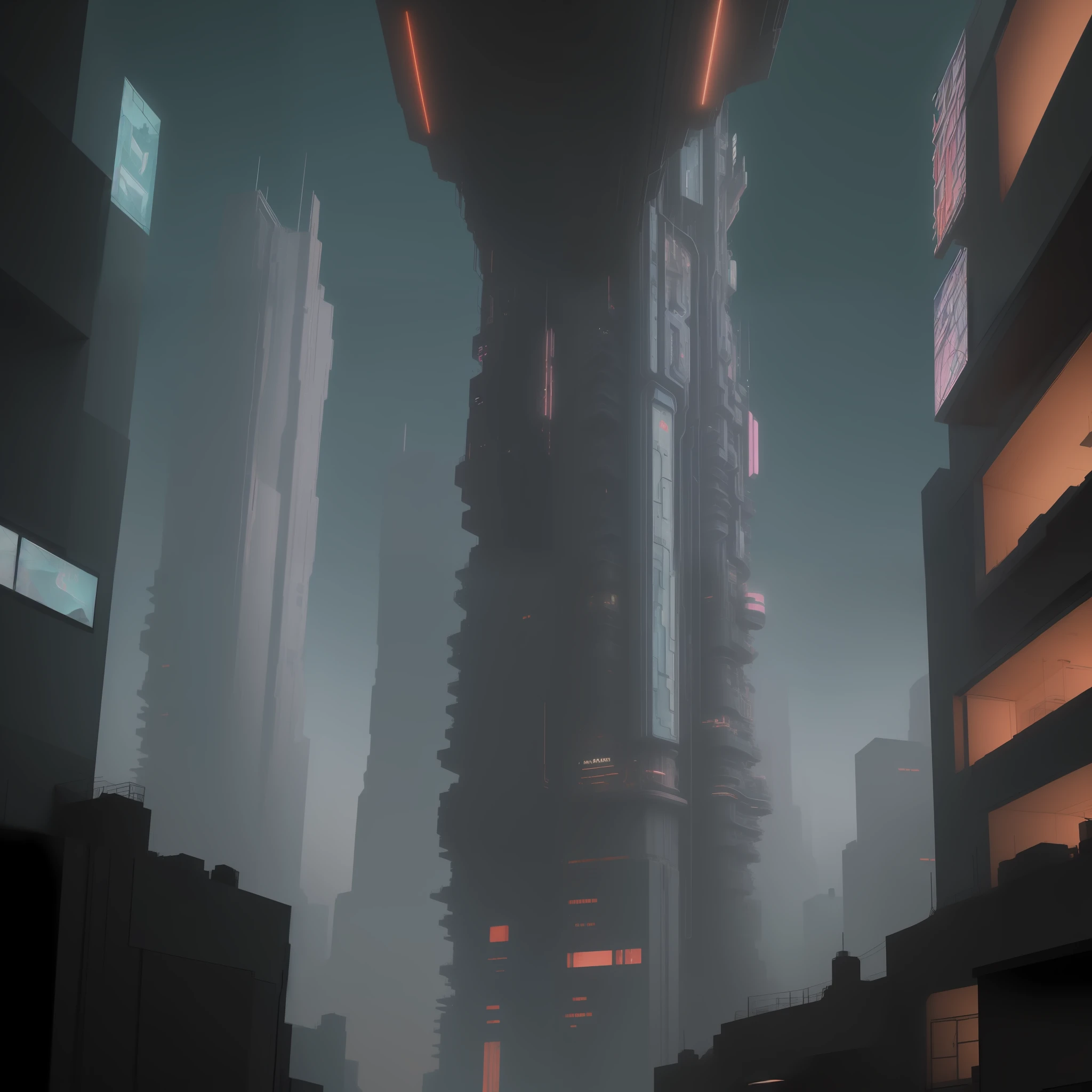 ((("Masterpiece"))) a cyberpunk city buildings that resembles a girls face and long hairs from head to neck., Surrealism, 8k, super detail, add cinematic lighting and color grading.