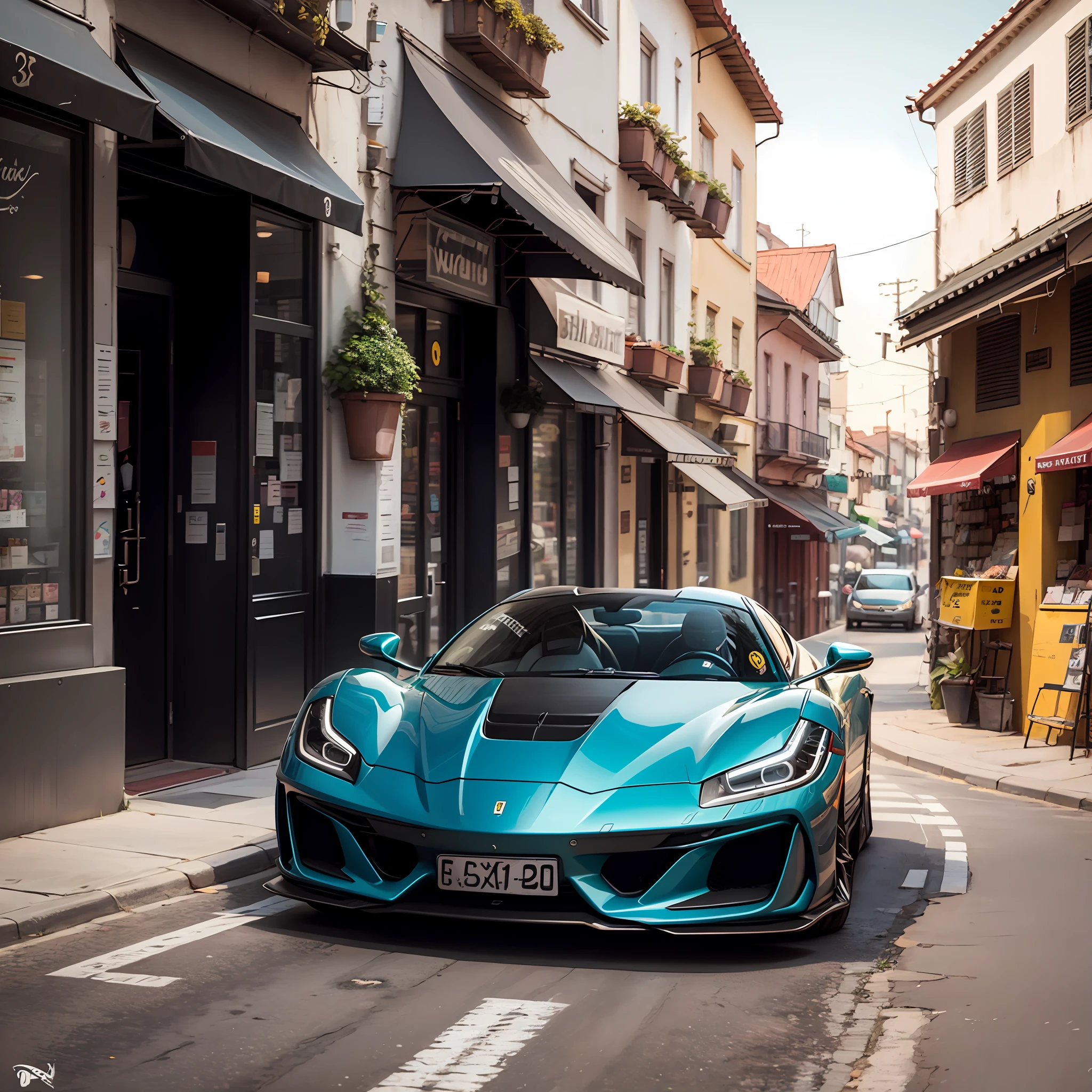 Ferrari azul,rebaixada,com escada no teto, estacionada de lado --auto