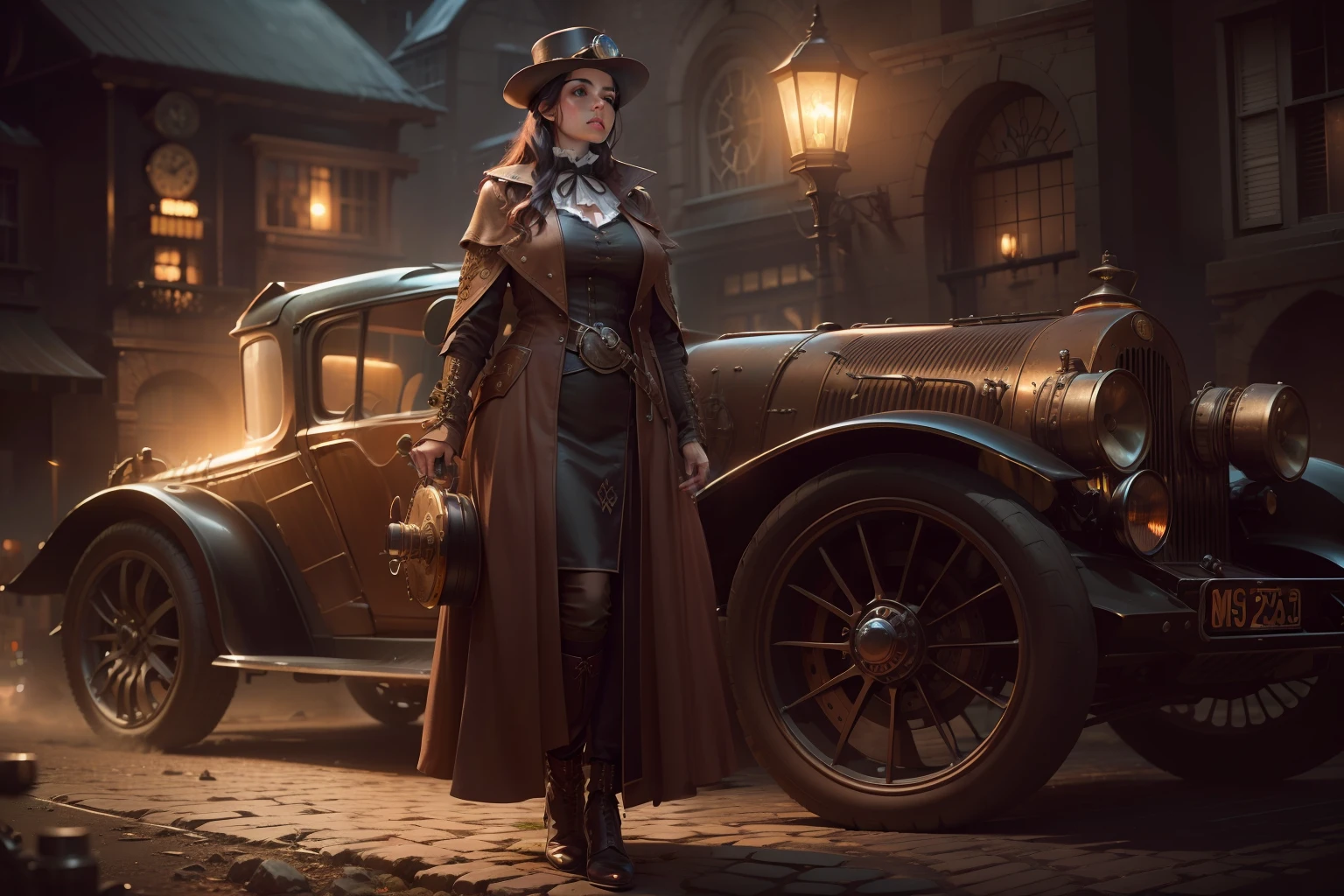 "C:\Users\Jomar Machado\OneDriveDesktop\IMAGENS PARA AI\AI FORD TUDOR STEAMPUNK WAY\FORD TUDOR.jpg", steampunk city, steampunk woman in foreground, dark atmosphere, nightfall, cinema photography, warm colours, keep the car faithfull to the original, 8K