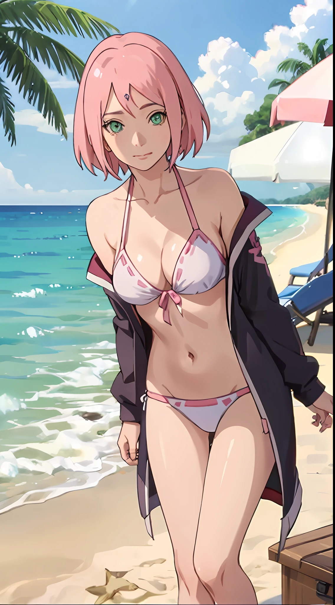 Haruno sakura, short hair, medium breast, cleavage, navel, slim legs, pink hair, white side tie bikini, bokeh, beach, sunny day, sparkling eyes,