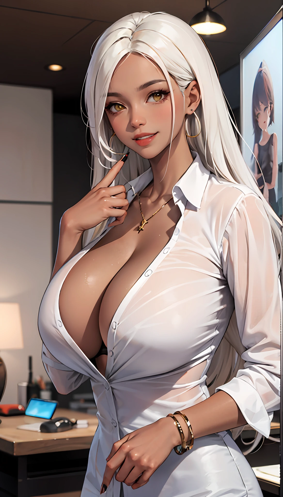 Brown skin,long white hair(tmasterpiece,:1.2,best qualityer),(1lady,独奏,The upper part of the body:1.2)Brown skin clothing:Brown skin,Formal white shirt accessories:hair pin,Hang tag hair:Long white hair makeup:Naturally,Glowing skin,Brown skin behavior:unwind,carefree,Smile location:liveroom,long white hair,gigantic cleavage breasts,Brownish-yellow eyes,Brown skin