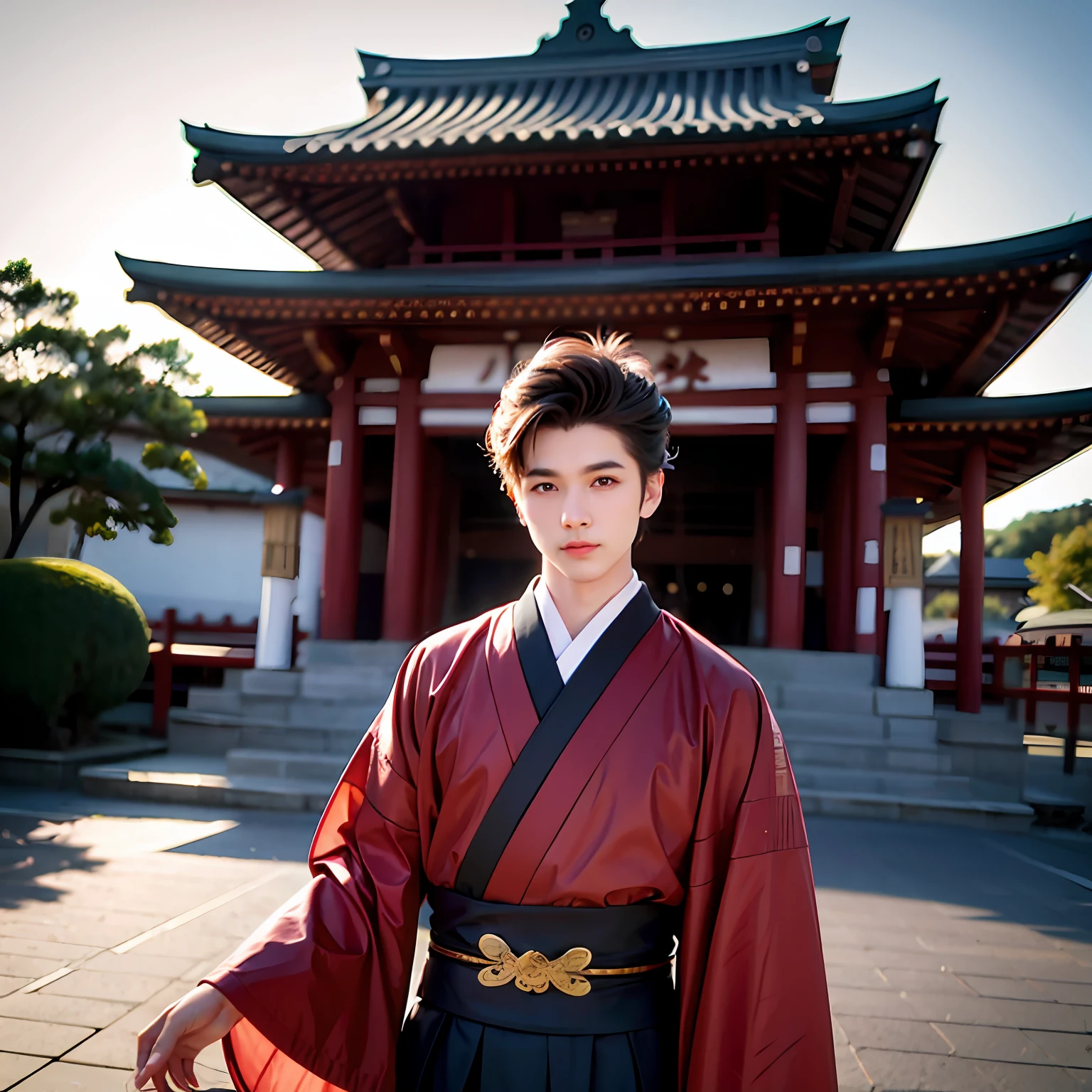Um jovem magro, loiro, Samurai dress in front of an ancient Japanese Buddhist temple, realista, ao por do sol