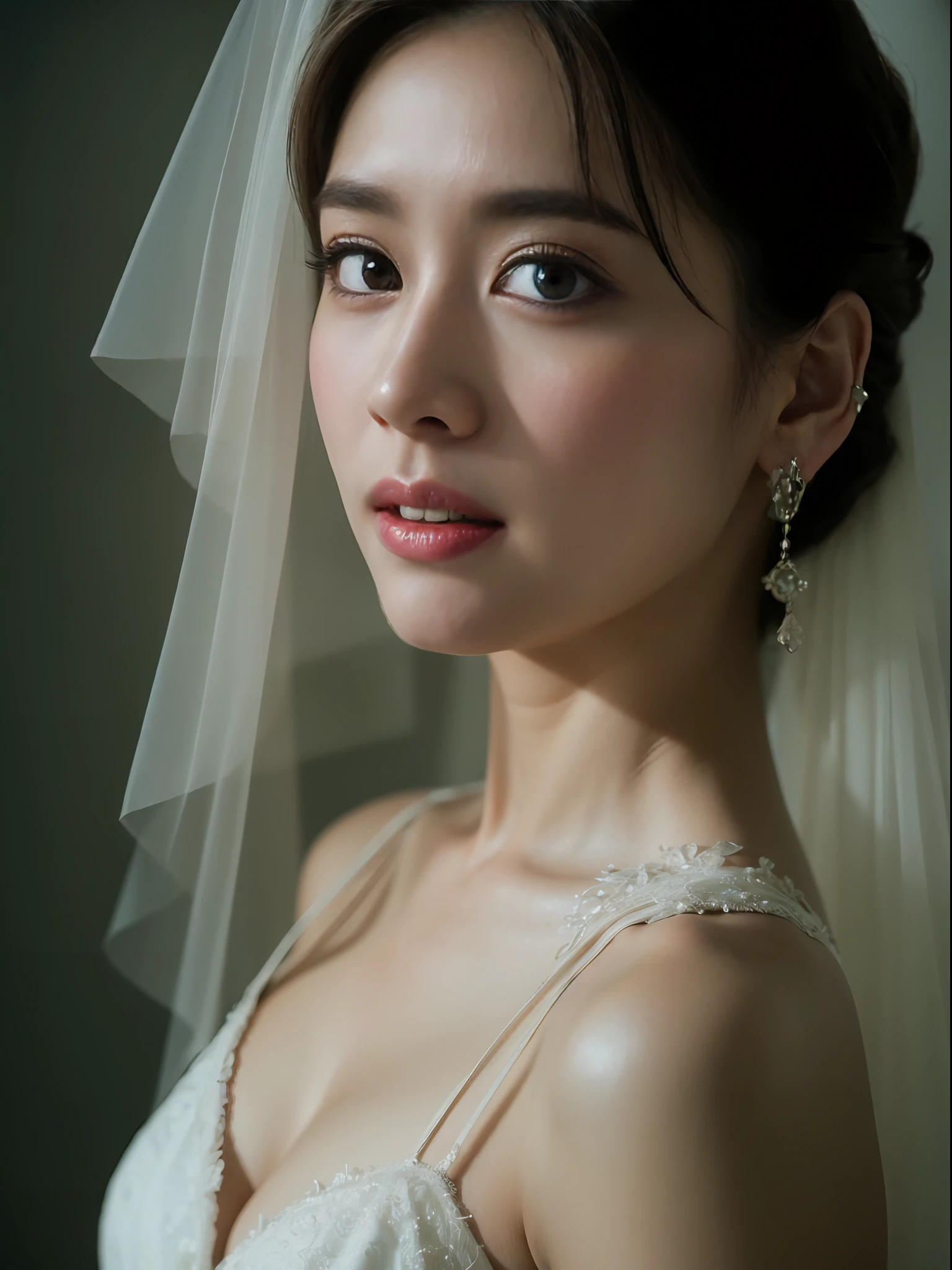 1 beauty white wedding dress interior background(Best quality, Detailed details, Masterpiece, , 4K, Chiaroscuro，Ultra-realistic, highly detailed Canon videography )