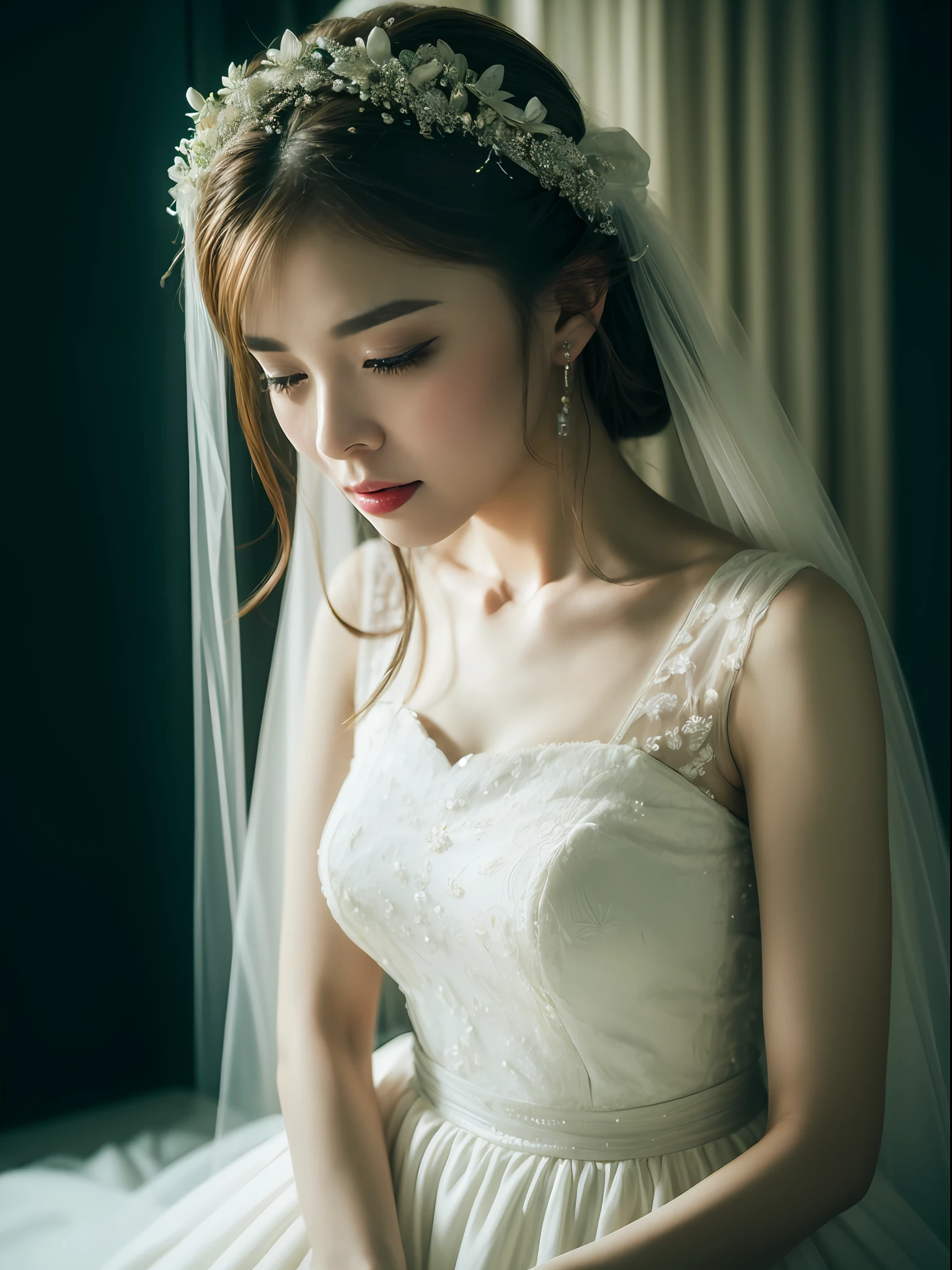 1 beauty white wedding dress interior background(Best quality, Detailed details, Masterpiece, , 4K, Chiaroscuro，Ultra-realistic, highly detailed Canon videography )