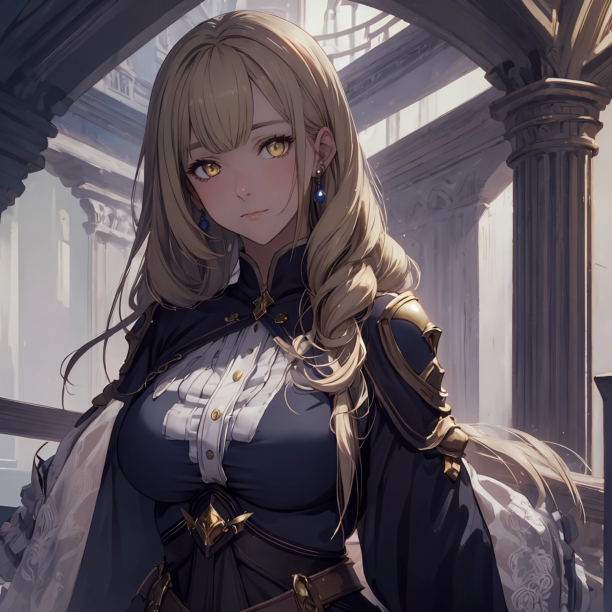 masterpiece, best quality, 1woman, adult, female focus, solo, blonde hair, vibrant yellow eyes, looking at viewer, closed mouth, bangs, Fantasy aesthetics, Highly detailed, shadowverse style, big breast, thick