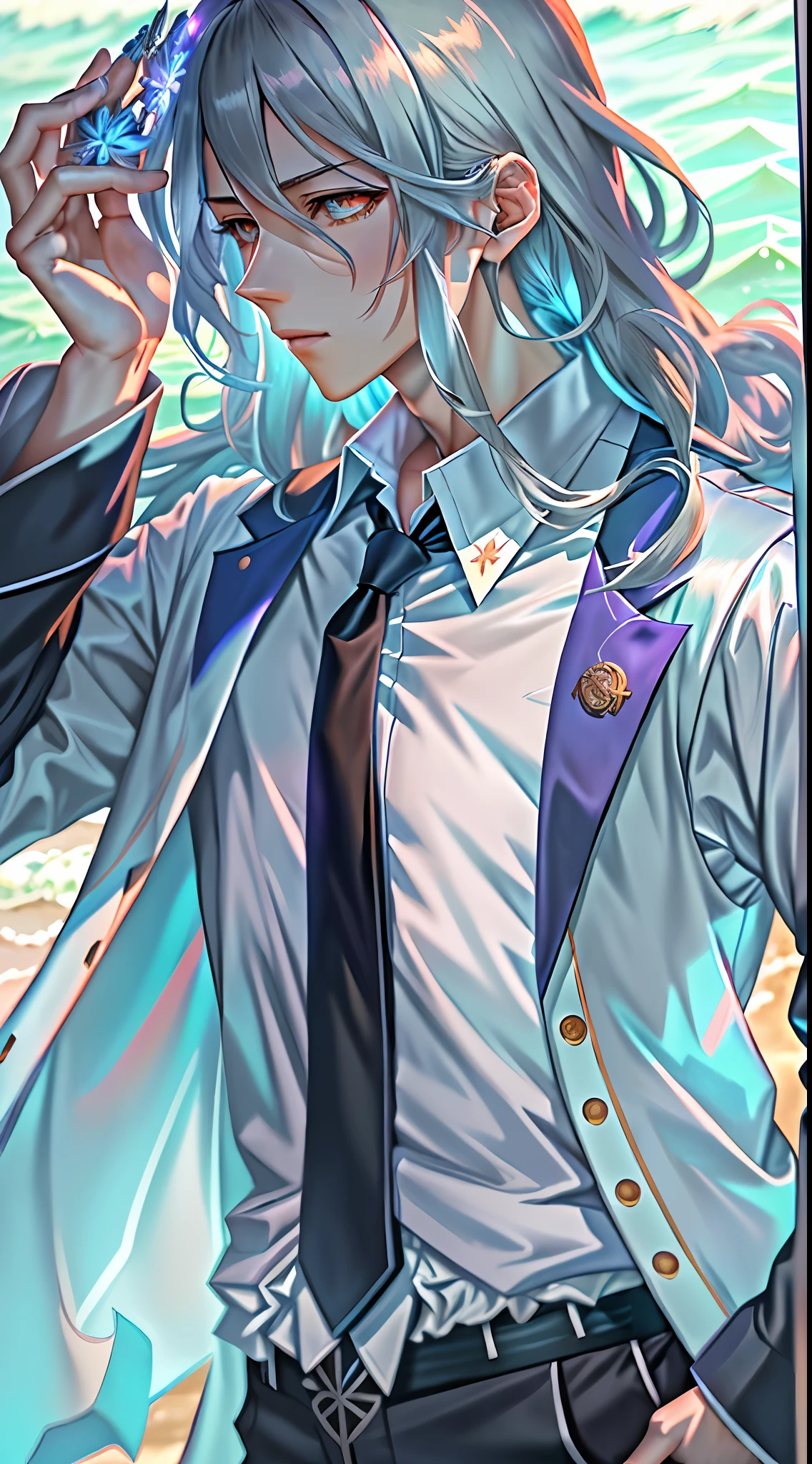 Anime characters with long hair and ties standing on the beach, Detailed key anime art, Azure. detailed hairs, Fine details. Girl Front, nagito komaeda, handsome guy in demon killer art, highly detailed exquisite fanart, from girls frontline, ((wearing aristocrat robe)), offcial art, profile shot of rimuru tempest, Delicate androgynous prince