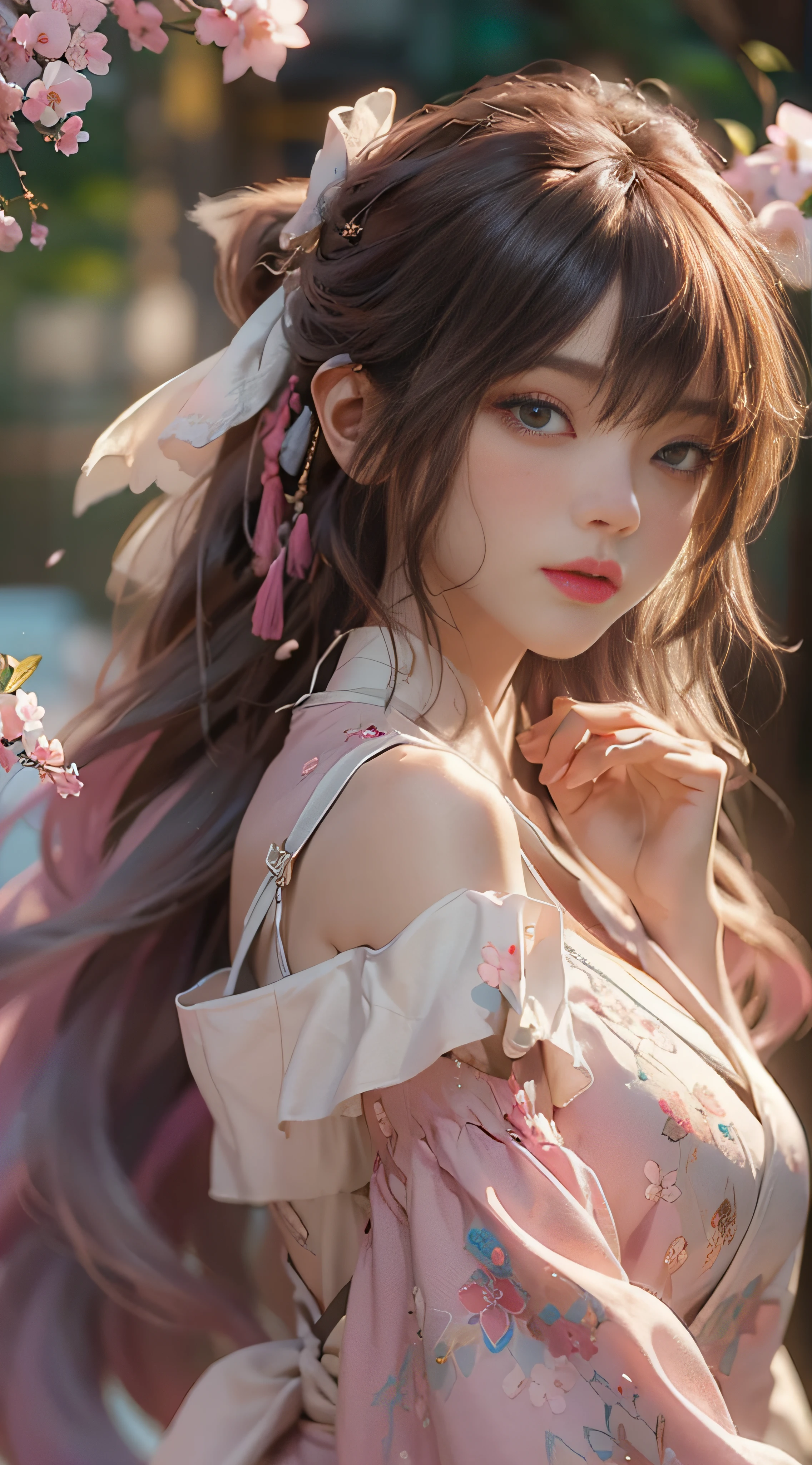 （（best qualtiy））， （（tmasterpiece））， （Detail：1.4）， 3D， Beautiful cyberpunk female images，hdr（HighDynamicRange），Ray traching，NVIDIA RTX，Hyper-Resolution，illusory 5，sub surface scattering，PBR textures，post-proces，Anisotropy Filtering，depth of fields，maximum definition and sharpness，Many-Layer Textures，Albedo e mapas Speculares，Surface Coloring，Mitsu-Accurate simulation of material interactions，perfectly proportioned，rendering by octane，Two-colored light，largeaperture，Low ISO，White balance，Rule three points、8K raw data、beautiful bright pupils，off-the-shoulder clothes，Fine pupils，Delicate face and eyes，long eyelasher，Blushlush，Delicate and fluffy hair，pink lip，Pure，cute big breasts，Sweet girl，Artistic sense，Casual wear，Advancedsense，butterflys，Cherry blossom petal，Beautiful hair accessories，Long hair and waist，Hair fluttering in the wind