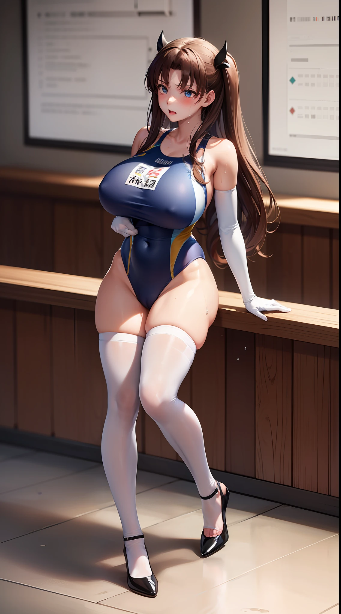 masterpiece、top-quality、Competitive swimsuit、White tights、White elbow gloves、pumps、Sweaty、Sweat was transparent in places.、Full body like、Colossal tits、Rin Tohsaka and Artoria Pendragon's kiss、Evening Classroom、