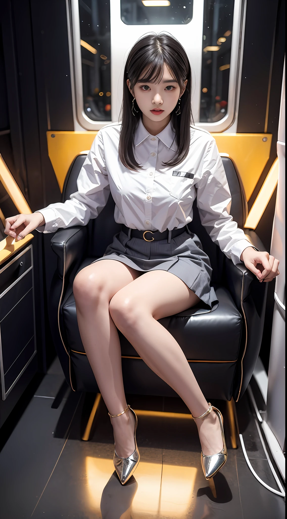(tmasterpiece,k hd,hyper HD,4K)brunette color hair,14 years old Japanese girl,Uniform skirts,Emphasize the lips,Big white mouth,Soft lips,Glossy lips,The girl has fair and tender skin,Soft hair like slippery silk,Sparkling,Almost reluctant to look away。But you know,She wears a sun dress!Imagine that,She just wore a nightdress to go shopping in the bustling Sanlitun,One can't help but want to take a closer look。Take a closer look, desi,Her nightdress is quite fashionable,The skirt flutters in the wind,It's like adding a touch of energy to the whole street,Sit on a crocodile skin train,Face-to-face perspective,(From the angle below),Sit in a train crocodile leather seat,sitting in front,Lip zoom camera,head portrait,Head down and sleepy-eyed,looking at the viewer only", best qualtiy, hyper HD, (realisticlying:1.4),, A high resolution, the detail, RAW photogr, Sharp Re, Nikon D850 Film Stock Photo by Jefferies Lee 4 Kodak Portra 400 Camera F1.6 shots, Rich colors, ultra-realistic vivid textures, Dramatic lighting, Unreal Engine Art Station Trend, cinestir 800,