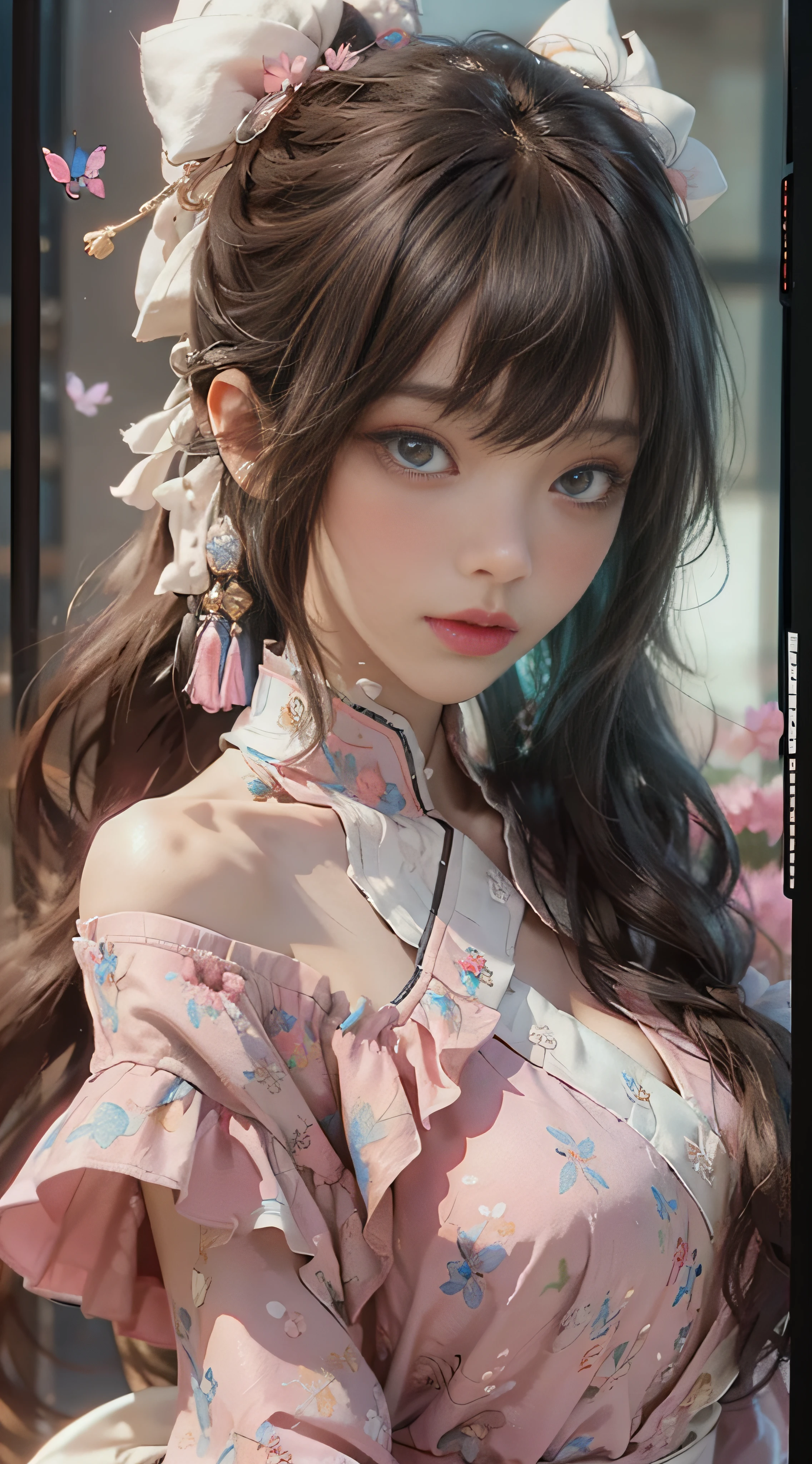 ((best qualtiy)), ((tmasterpiece)), (Detail:1.4), 3D, Beautiful cyberpunk female images,hdr(HighDynamicRange),Ray traching,NVIDIA RTX,Hyper-Resolution,illusory 5,sub surface scattering,PBR textures,post-proces,Anisotropy Filtering,depth of fields,maximum definition and sharpness,Many-Layer Textures,Albedo e mapas Speculares,Surface Coloring,Mitsu-Accurate simulation of material interactions,perfectly proportioned,rendering by octane,Two-colored light,largeaperture,Low ISO,White balance,Rule three points、8K raw data、beautiful bright pupils,off-the-shoulder clothes,Fine pupils,Delicate face and eyes,long eyelasher,Blushlush,Delicate and fluffy hair,pink lip,Pure,cute big breasts,Sweet girl,Artistic sense,Casual wear,Advancedsense,butterflys,Cherry blossom petal,Beautiful hair accessories,Long hair and waist,Hair fluttering in the wind