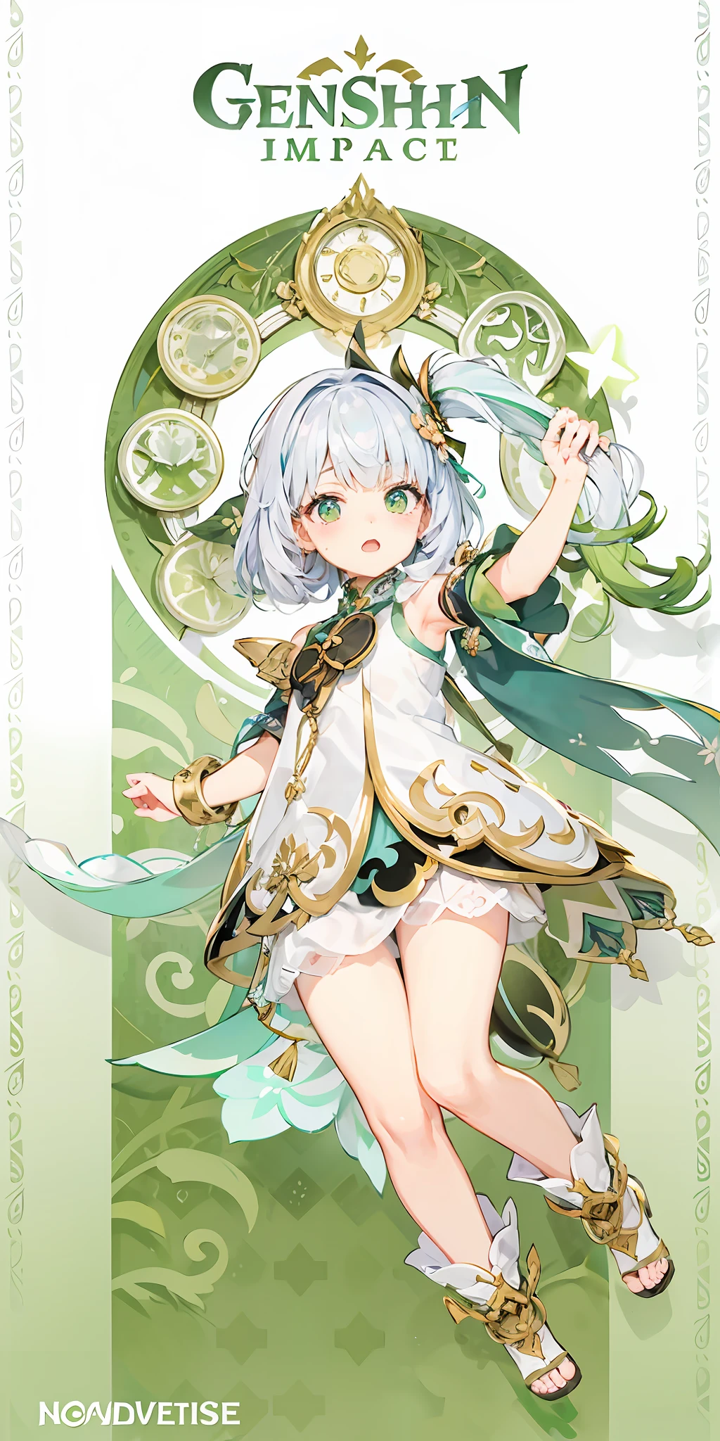 uma imagem dos desenhos animados de uma com um vestido verde e uma capa verde, Impacto de Ayaka Genshin, splash arte anime loli, oficial altamente detalhada, arte oficial do personagem, Cute anime waifu in a nice dress, arte oficial do anime, Keqing de Genshin Impact, divindade de cabelos brancos, Arauto Esmeralda, Arte Oficial, estilo shadowverse, deusa anime