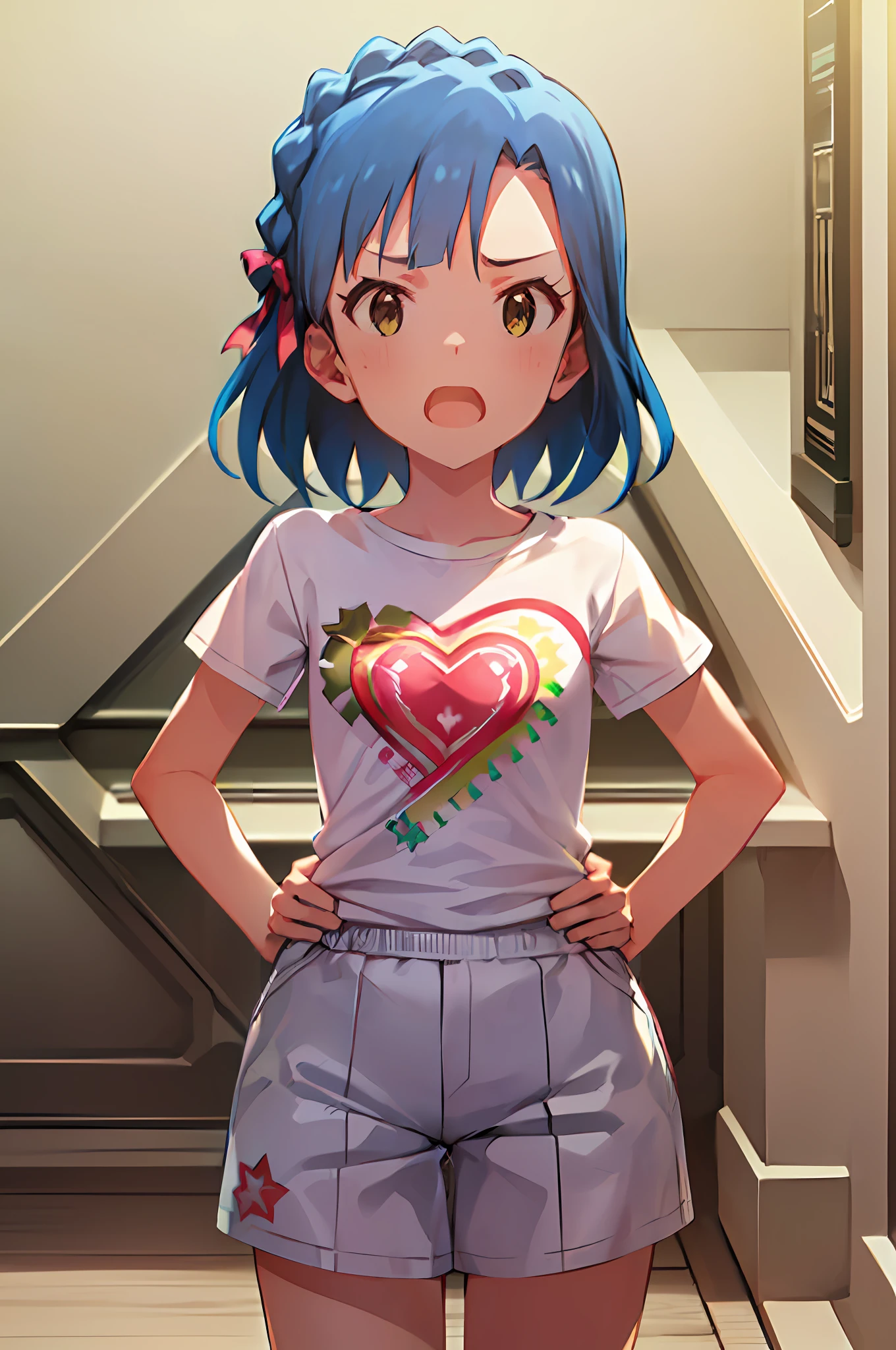 yuriko nanao (million live). Short stature. (((white t-shirts))).Skirt.(((masterpiece))).(((best quality))).((Ultra-detailed))).(((illustratio))). (((put hands on the hip))).(((a room))).(((make a fist))).(((up chest))).Despair face.(((short-hair))).((Medium chest)).((Opening Mouth)).((Heart on chest)).
