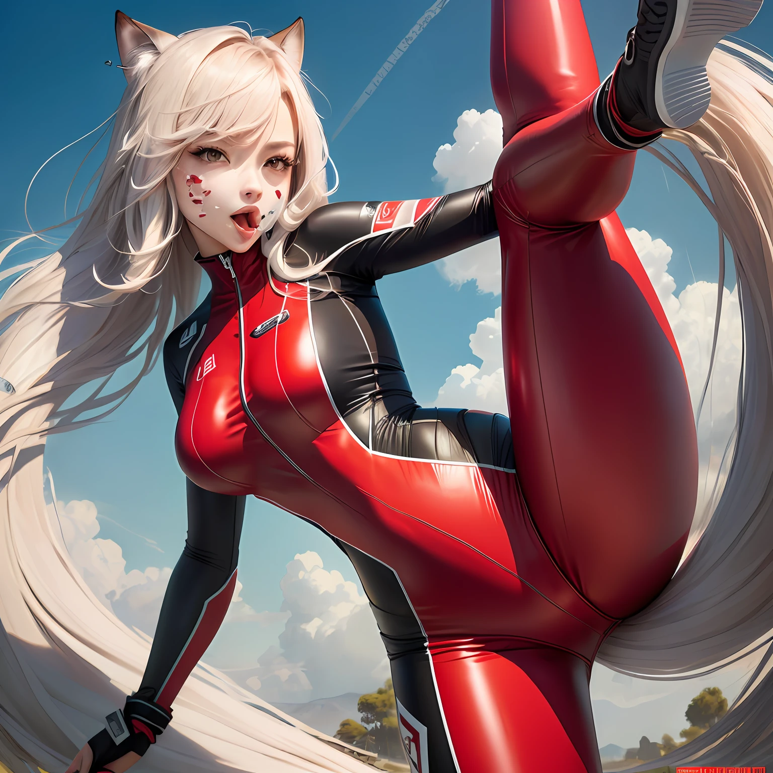Long tail，Be red in the face，Stick out your tongue，female pervert，Open the lower limbs，tightsuit