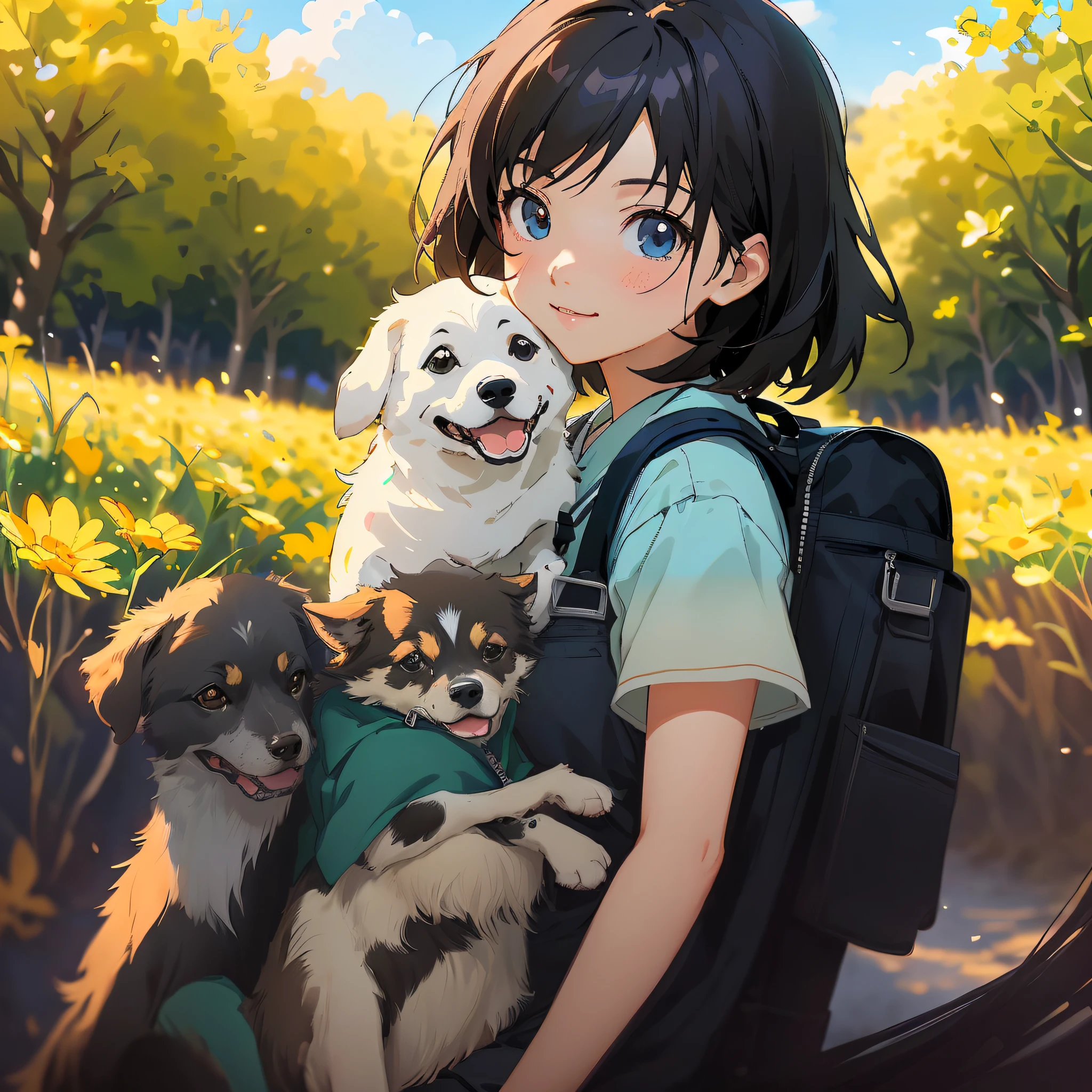 Anime girl with backpack and two dogs in the field, with dogs, by Yang J, Digital anime illustration, offcial art, Artgerm and Atey Ghailan, by Kamagurka, anime moe art style, atey ghailan 8 k, High Quality Anime Art Style, By Ni Duan, Official artwork, Official anime artwork, In anime style