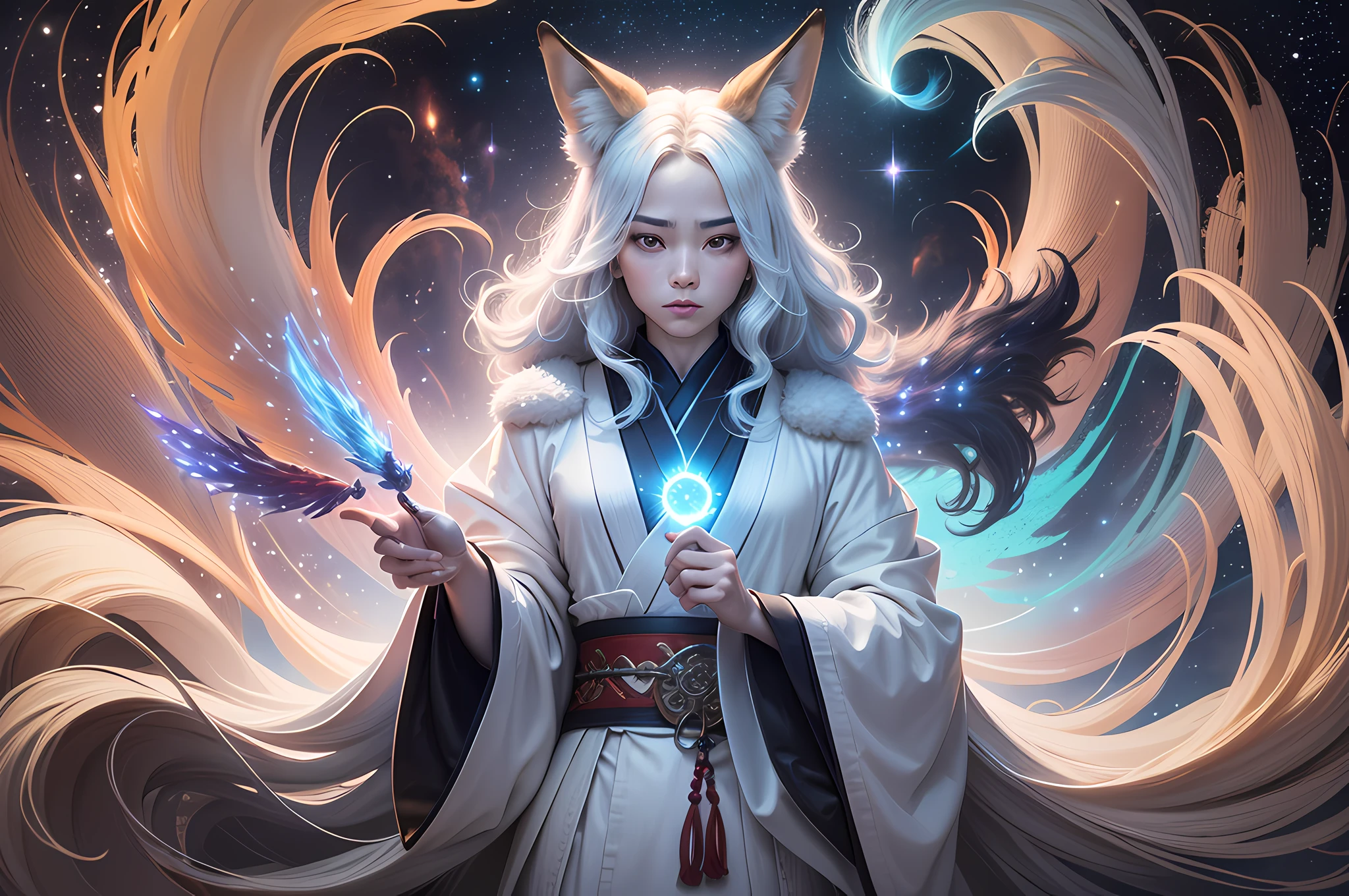 A beautiful fox spirit dressed in a flowing white Chinese robe finds himself originating a new galaxy with his power. The image captures the spirit of the fox standing gracefully on the surface of the stars, Surrounded by galactic clouds and fog that give an otherworldly quality to the scene. The long white hair and robes of the fox spirit are blown away by the solar wind, agregando movimiento y fluidez a la imagen. Use Midjourney's advanced brush tools to create intricate folds and textures on the fox spirit's robes and hair, and experiment with different color palettes and brush strokes to bring out the ethereal quality of the scene. The beauty of the fox spirit is enhanced by the way its image is sometimes obscured by the surrounding mist....., which gives the scene a sense of mystery and charm... Con las poderosas herramientas de Midjourney, You can bring this captivating and ethereal scene to life with incredible detail and beauty....
HDR, (fotorrealismo, Calidad de obra maestra, mejor calidad), Tron_Flynn