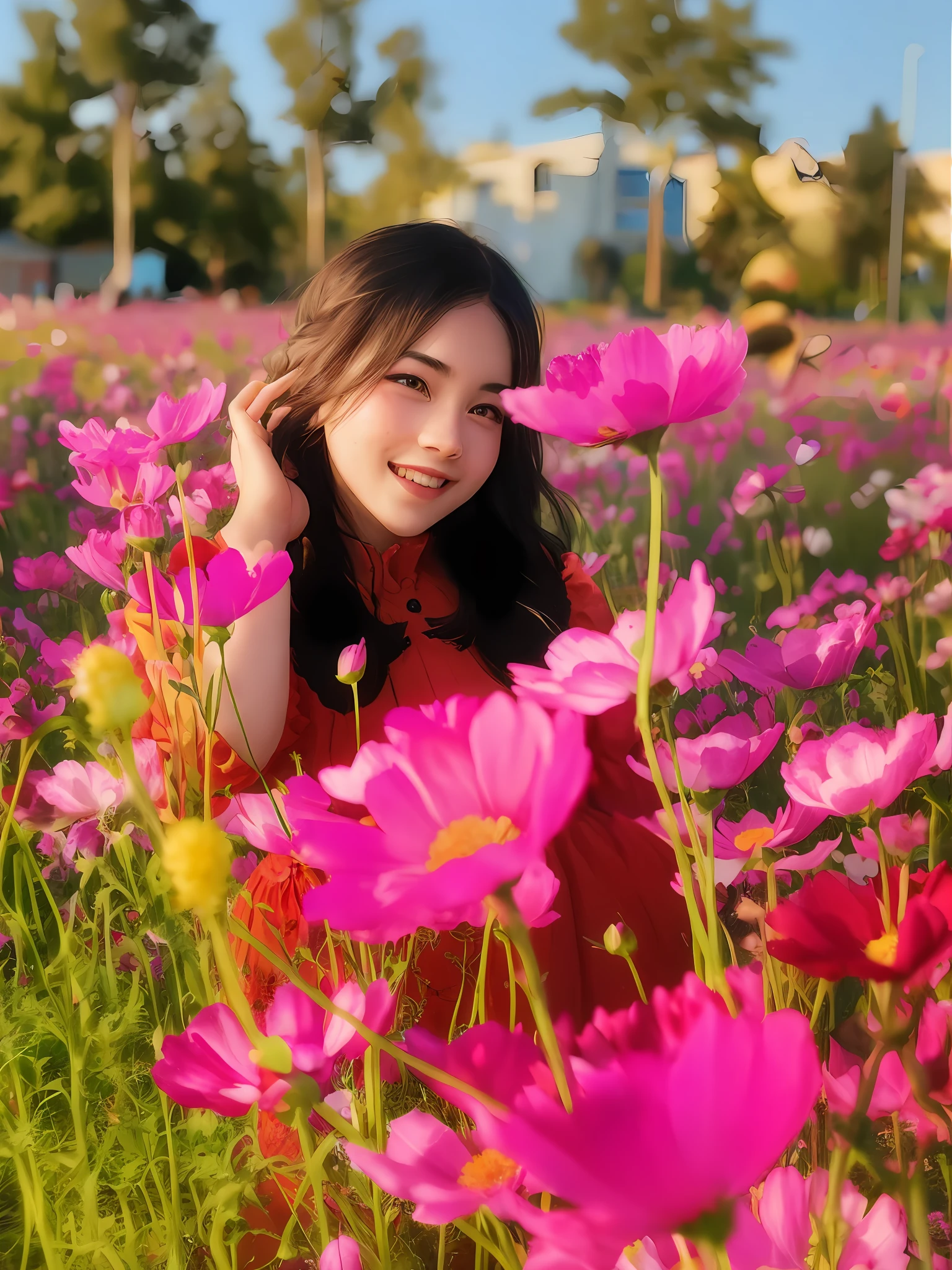 A girl holding flowers, colorful balloons floating in the sky, meadow, dancing, holding flowers, happy, happy, perfect quality, clear focus (clutter-home: 0.8), (masterpiece: 1.2) (Realistic: 1.2) (Bokeh) (Best quality) (Detailed skin: 1.3) (Intricate details) (8K) (Detail Eyes) (Sharp Focus), (Happy)
