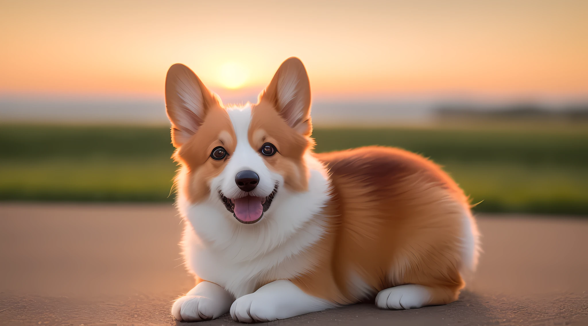 Happy little corgi，Smile happily at you，close up photograph，the sunset，80mm，f/1.8，degrees of freedom，Bokeh，depth of fields，sub surface scattering，Pointillism