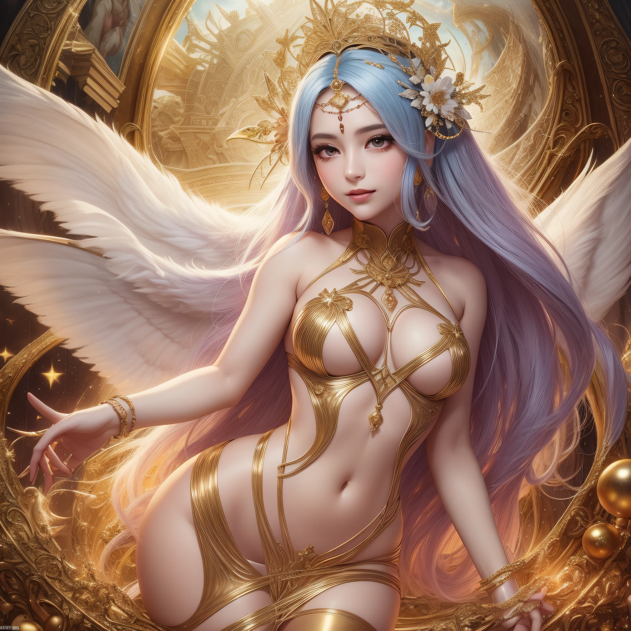 --Nymph of our dreams is revealed--hair that dances in the wind like strands of gold --eyes bright as twinkling stars --skin as soft and radiant as moonlight --golden proportion guides every stroke --every curve --every detail --charming face of this nymph --presents overflowing harmony --symmetry --irresistible --work of art --captivating smile --nymph --illuminates everything around her --slightly curved lips --whisper ancestral secrets that arouse curiosity and delight the hearts of all who behold,, --Detalhes, --Proportions, --Golden Ratio, --Divine Pattern, --Transcends --The eyes of this nymph are true windows to the soul, --Transmitindo uma sabedoria profunda --Serenidade, --Harmonia universal, --Divine balance, --Ninfa atraente, --Celebration of beauty, --Arte, --Mathematics, --Mysteries of creation: --Aesthetic perfection;, hiper-realismo, simetria, cowboy shot, 135 mm, anatomicamente correto, super detalhe