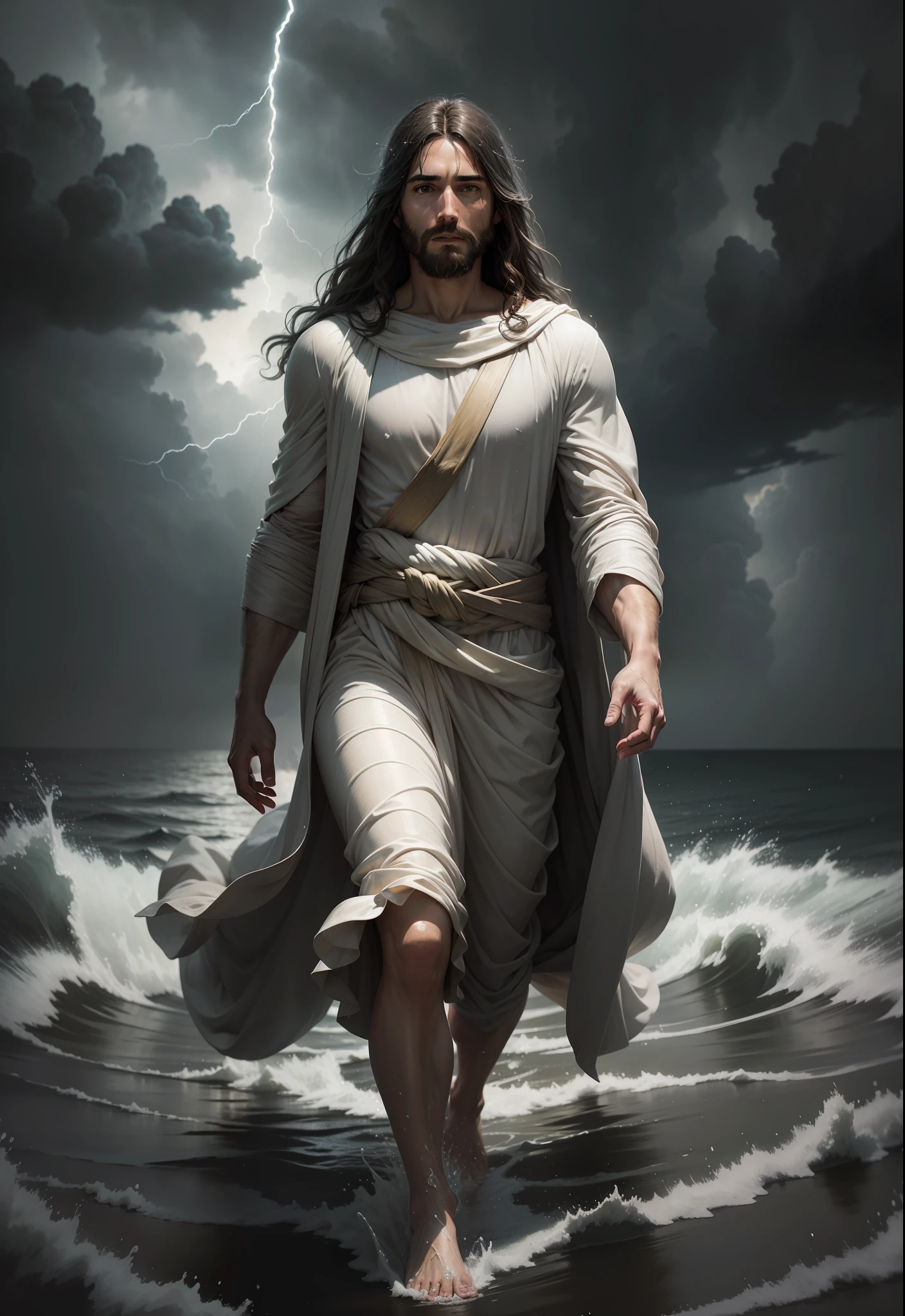 Portrait of Jesus walking on water in a storm, gentle expression, streaks of light coming down from the sky, depth of field, HDR, bloom, chromatic aberration, realistic, very detailed, complex, high detail, dramatic, volumetric lighting