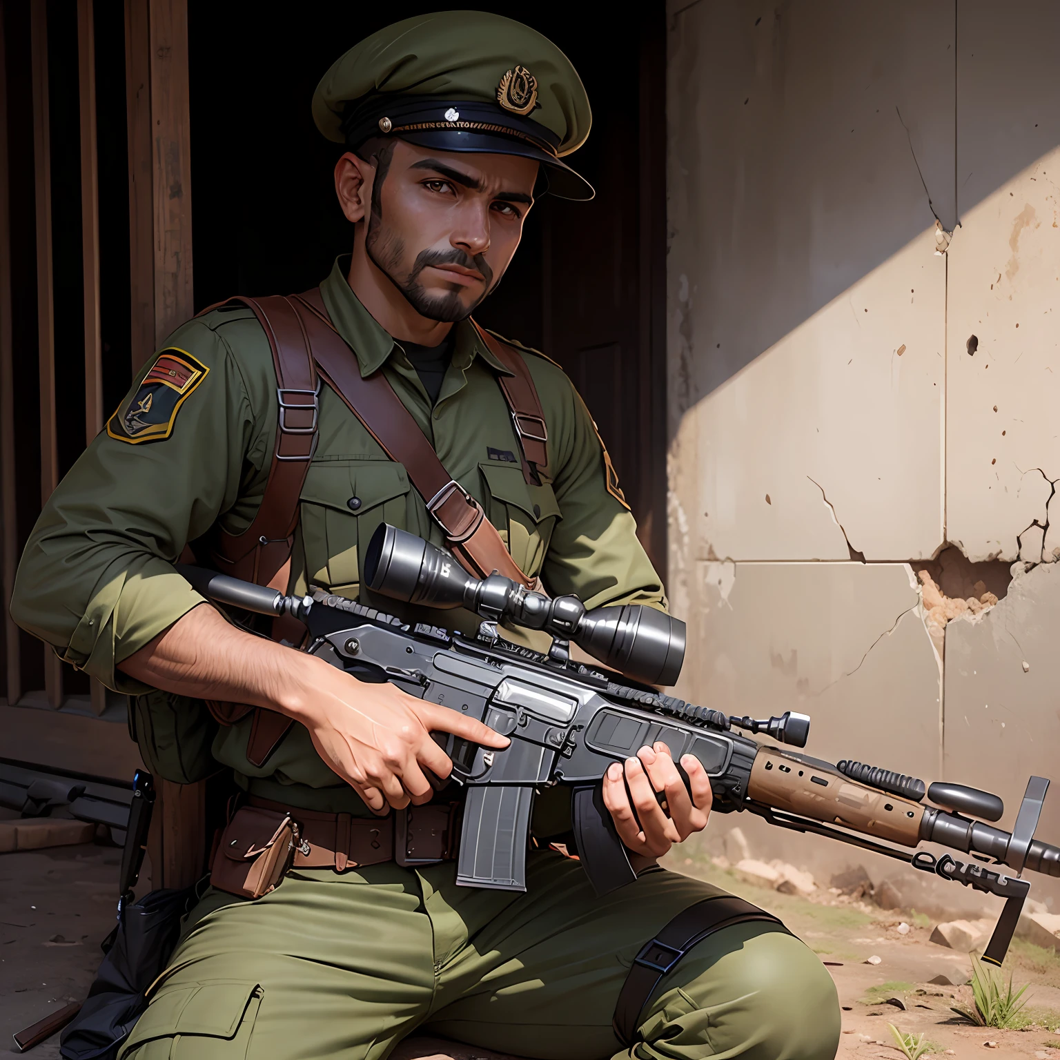 Soldado com farda escura e rifle, Ruined background, realista, estiloso, segunda guerra mundial --auto