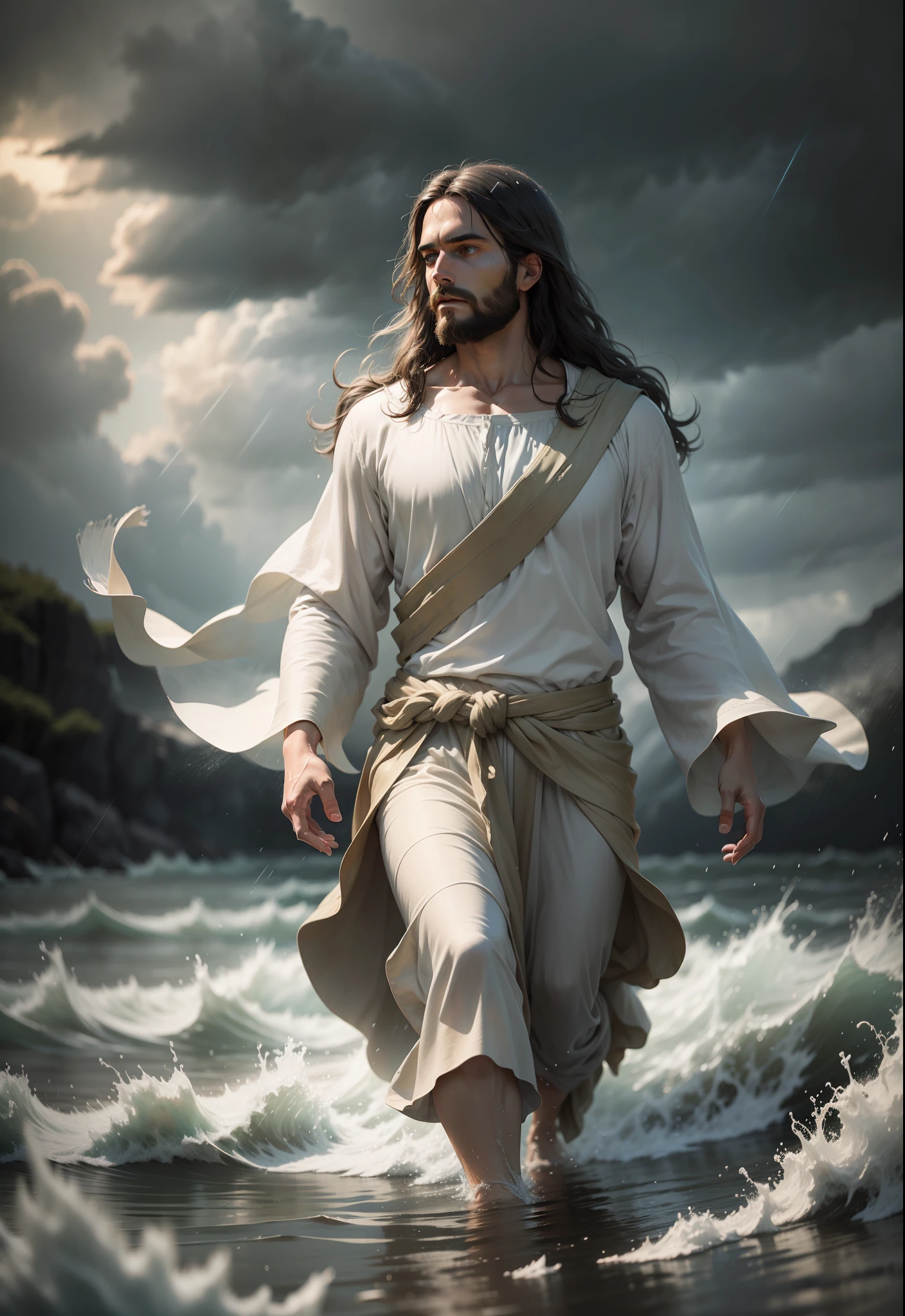 Portrait of Jesus walking on water in a storm, gentle expression, streaks of light coming down from the sky, depth of field, HDR, bloom, chromatic aberration, realistic, very detailed, complex, high detail, dramatic, volumetric lighting