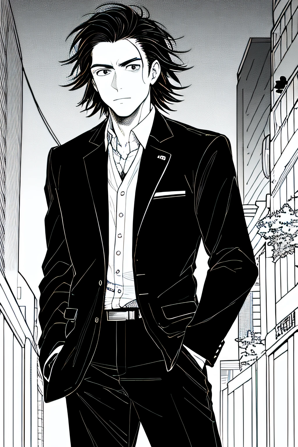 masterpiece, best quality, 1man, uniform, hand in pocket, school bag, black hair, black eyes,  cyberpunk, street,  monochrome, lineart