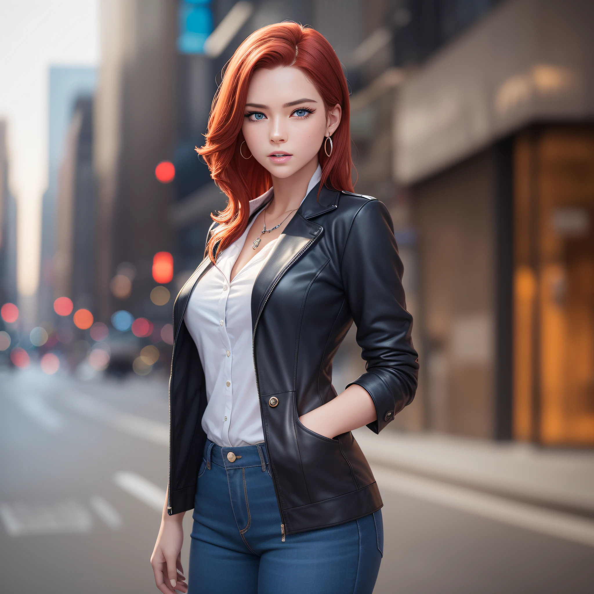 A young reporter, full body, fair skin, red hair, gaze fixed on the viewer, sapphire blue eyes, well-defined mouth, details on facial expressions, set in the middle of New York, neck adornments. Ultra definition, hyper realistic 4K, photorealistic, cinematic image.