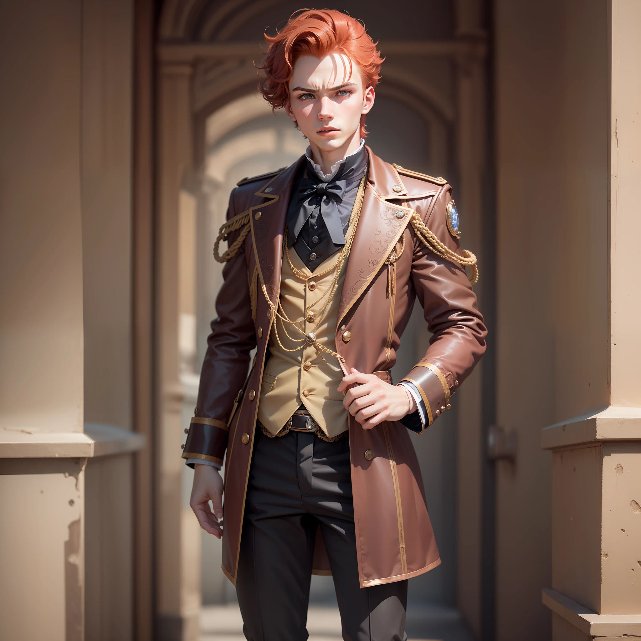 young boy with well defined wavy red hair, teen boy, high steampunk style, delicate masculine face, 8k, (insanely detailed:1.5), full body shot, 20 megapixels, canon eos r3, detailed skin, pale skin