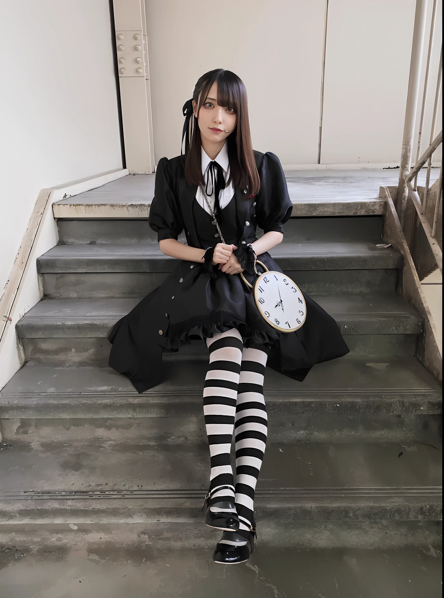 There is a woman sitting on the stairs with a watch, school girl in gothic dress, Lolita style, black gothic lolita dress, as wednesday addams, 1 7 - year - old anime goth girl, Portrait of radical Lolita girl, Wednesday Addams, fashionable dark witch, Gothic Girl, witch clothing, Lolita Fashion, victorian gothic lolita fashion, Gothic Maiden anime girl