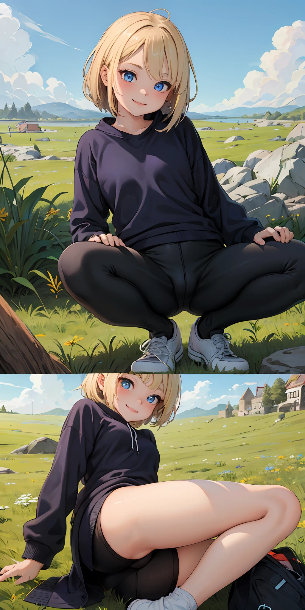 best quality, masterpiece, small breasts, smile, sweatshirt, leggings, outdoors, anime style, grass field, daytime, blue sky, blue eyes, detailed eyes, medium hair, blonde hair, loose hair, bangs, ass, open legs,