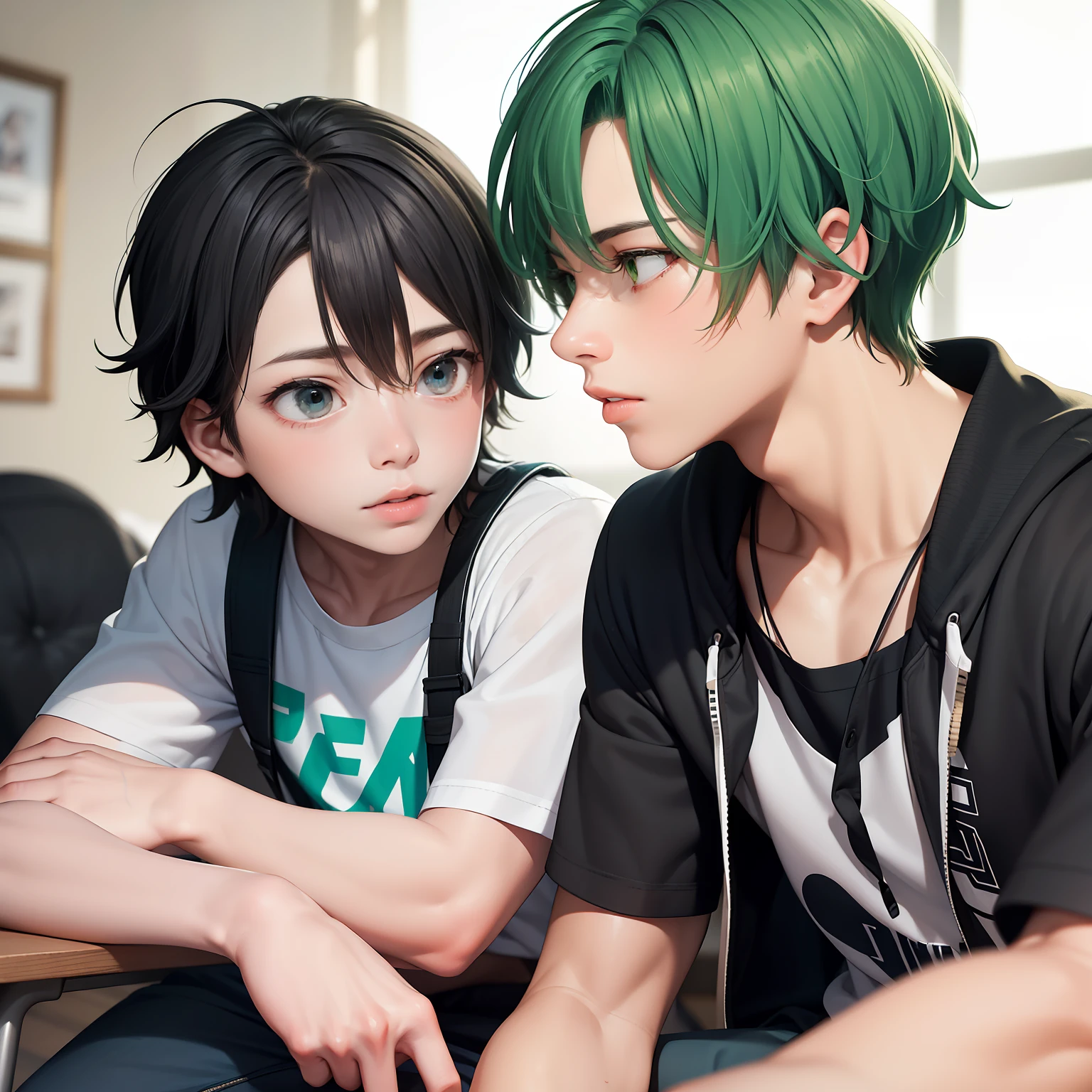 Two 15-year-old teenage male friends with Latin skin and bright green hair Light green eyes at school are talking about an important topic are friends almost like brothers.......