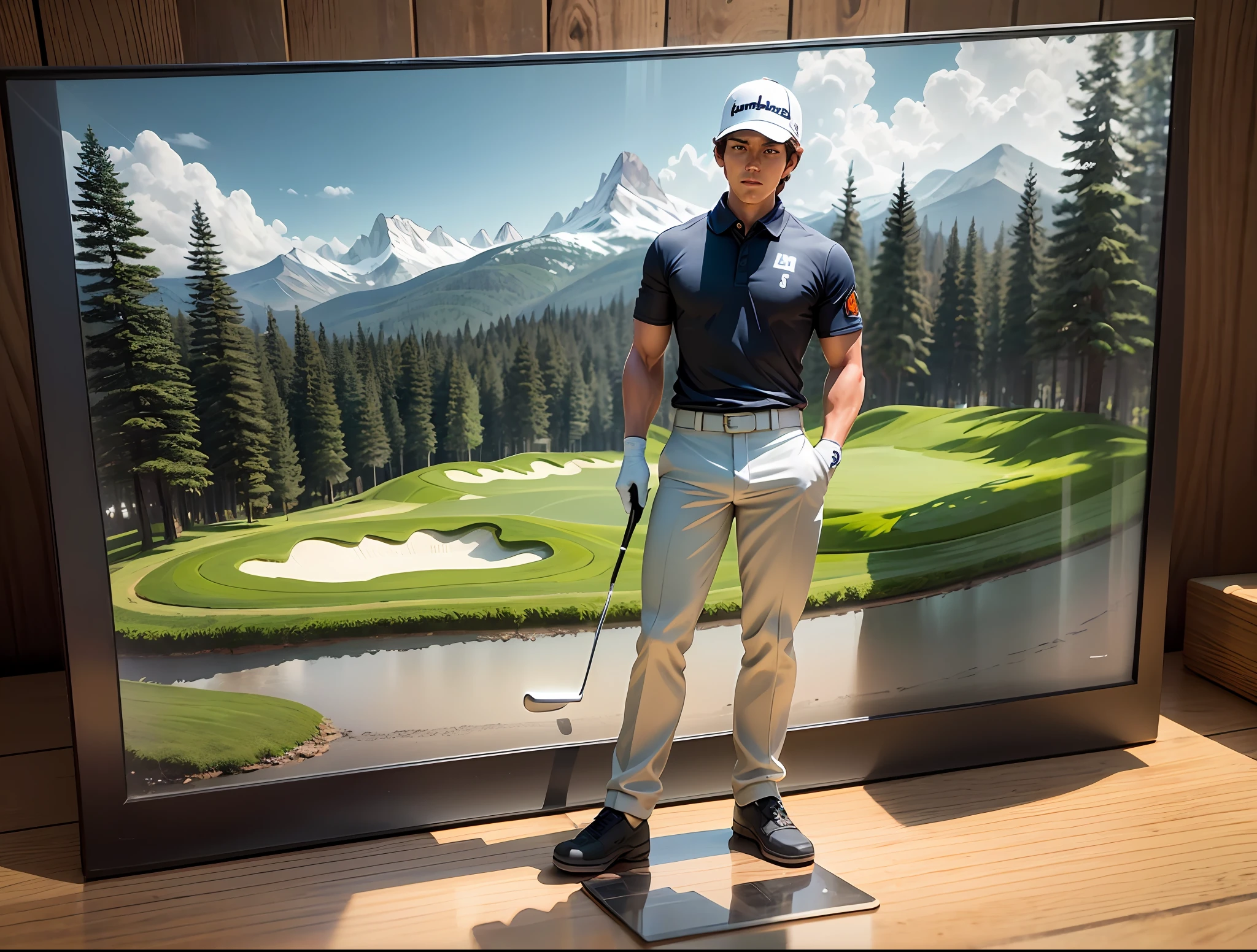 Golf player Figure Collectible Model in standing pose, Detailed 3D model with packaging, promotion table top shot, intricate detailed, dramatic lighting, masterpiece, UHD 8k --auto --s2