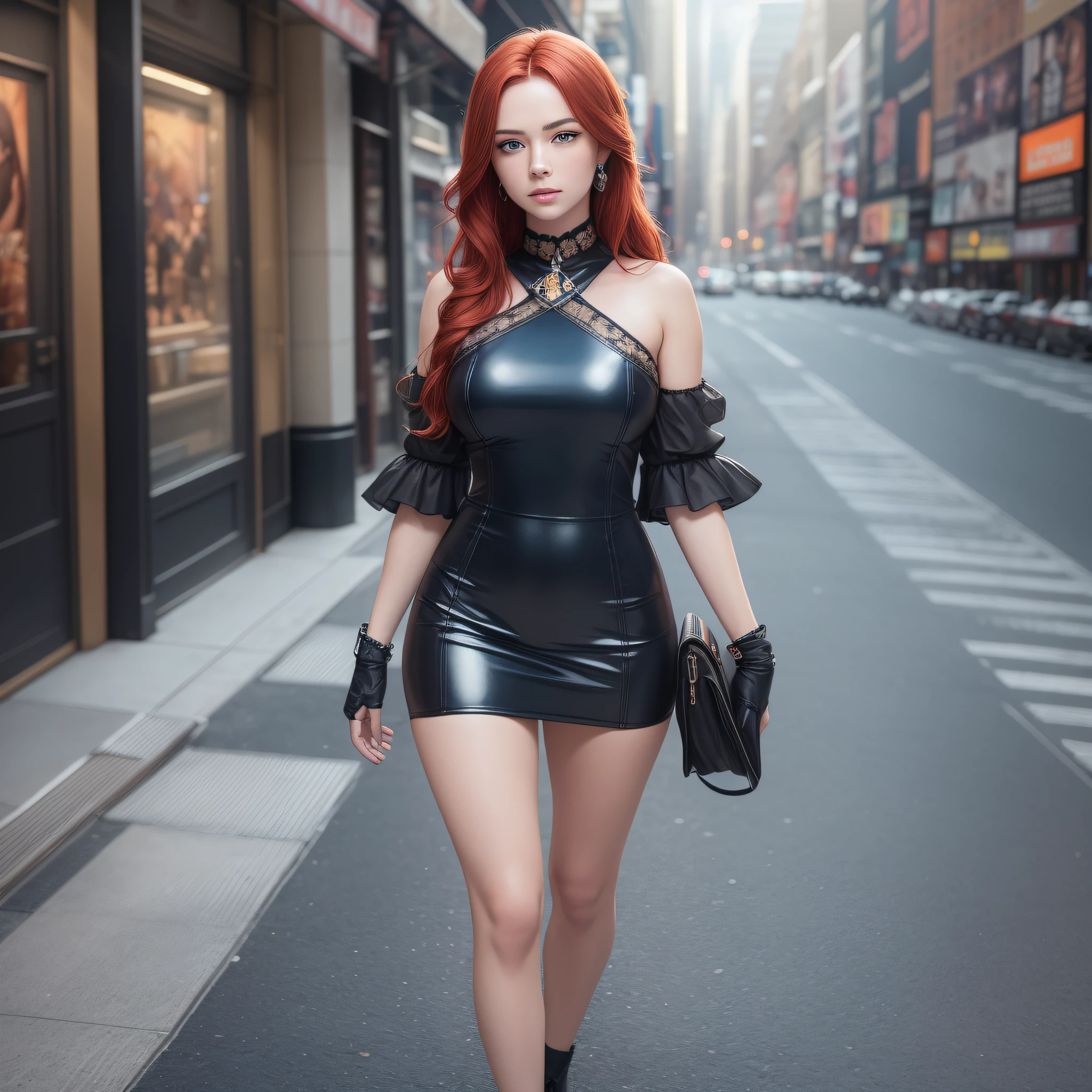 a young woman, full body, fair skin, red hair, gaze fixed on the viewer, sapphire blue eyes, well-defined mouth, details in facial expressions, set in the middle of New York, neck adornments. Ultra definition, hyper realistic 4K, photorealistic, cinematic image.