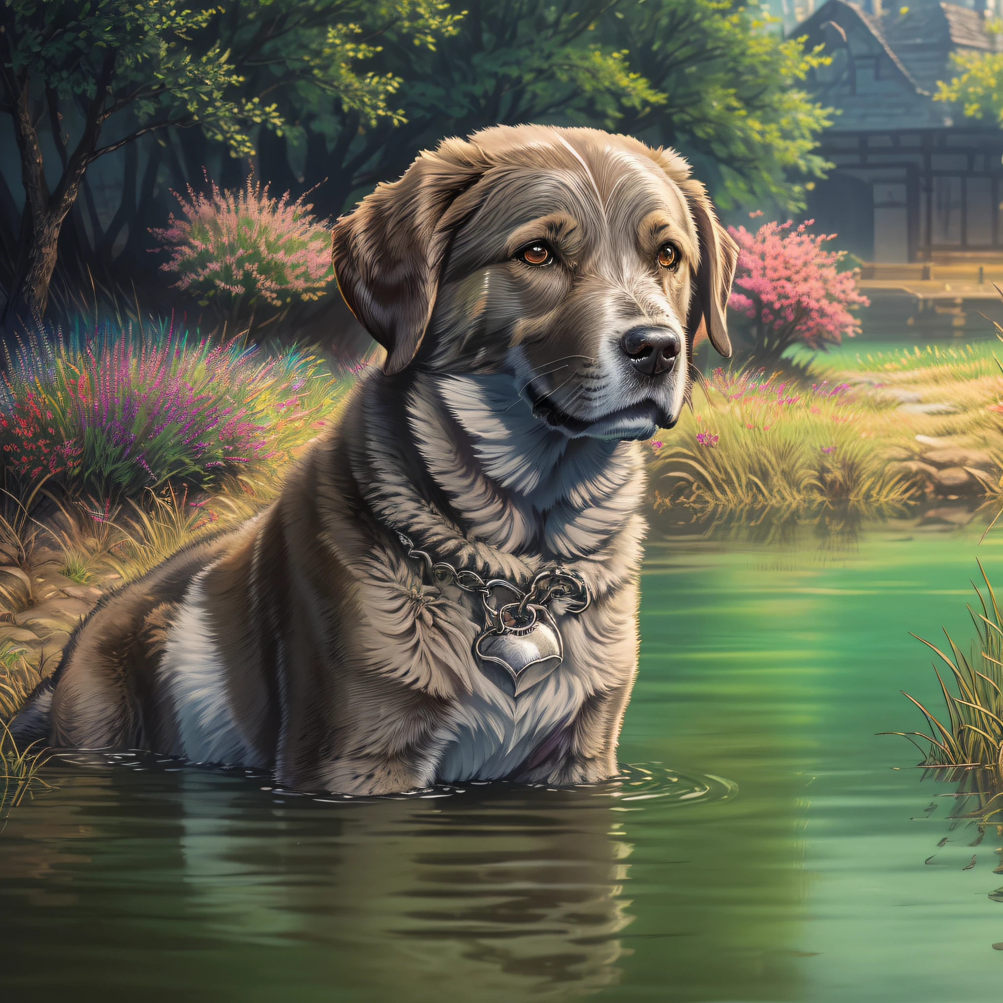 Labrador Retriever, (Best Illustration), (super detailed CG), Lovely eyes, Energetic, Country life, Sloughing Lake, Picnic by the river, Wonderful travel scarves, ultra-definition, --ios 100, Meticulous expression, HDR, hoog detail, unreal-engine, rich colors, Octane rendering, 8k