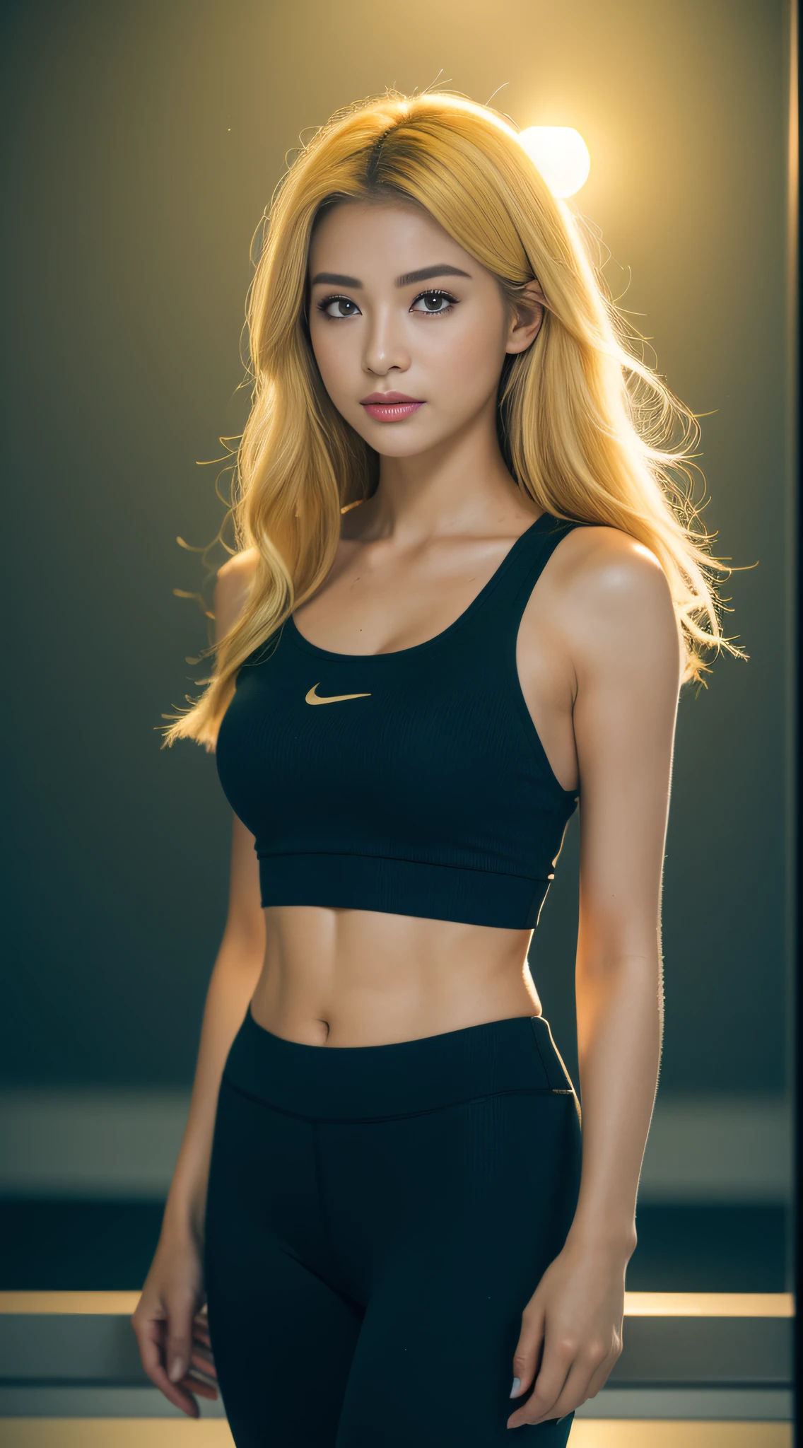 ((Realistic lighting, best qualtiy, 8K, tmasterpiece:1.3)), sharp fokus:1.2, 1girll, (Black yoga pants with crop top:1.4）,Beautiful Women with Perfect Figure:1.4, Slim abs:1.1, ((golden hair)), （exteriors，during night：1.1），Ultra-fine face，Fine eyes，二重まぶた，